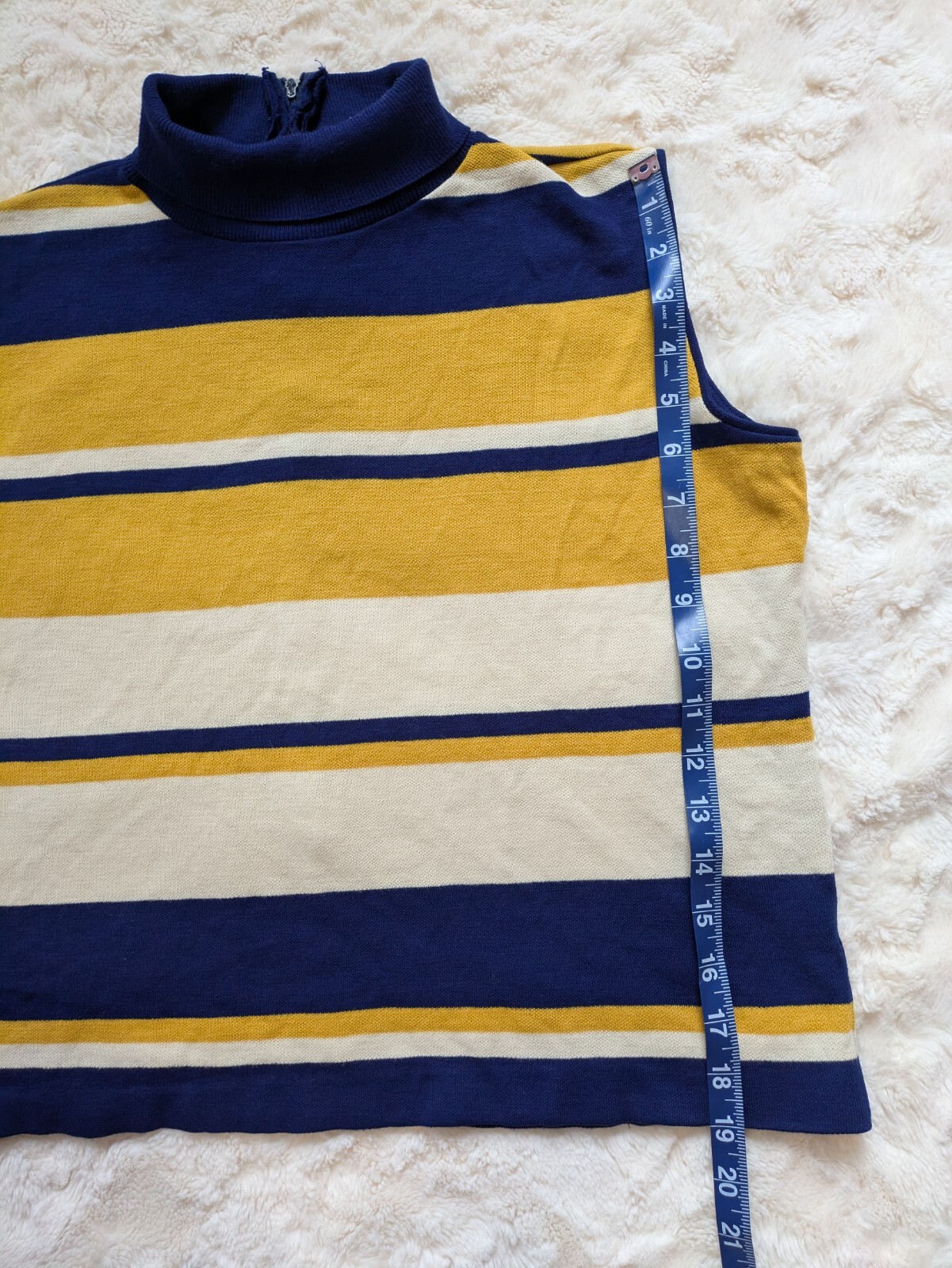 Vintage Mod Mock Neck Sleeveless Knit Layering Top Blue Yellow Stripes Large