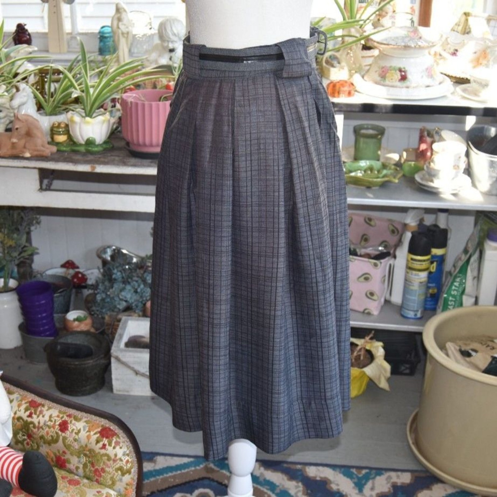 Vintage 1950s Plaid Full Skirt Pleated Belted Metal Talon Zipper Waist 28 Small