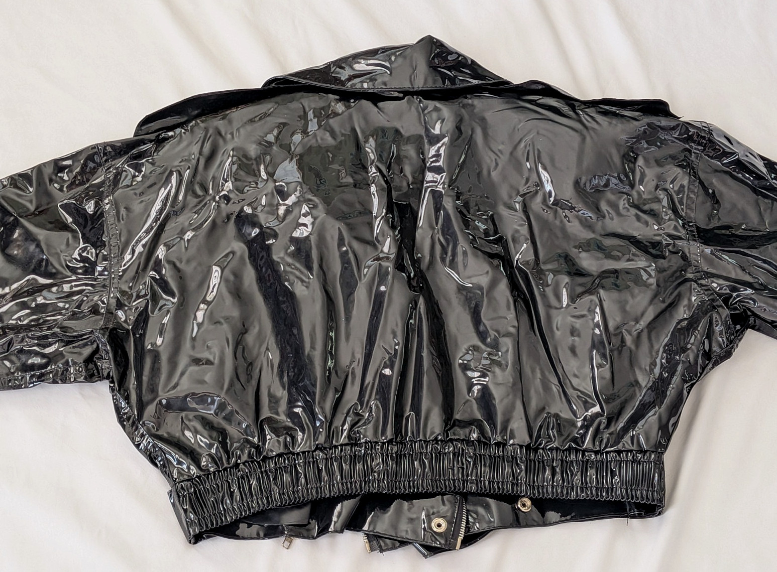 Vtg 80’s Shiny Black Vinyl Crop Moto Biker Jacket Glam Rock Punk New Wave Sz S
