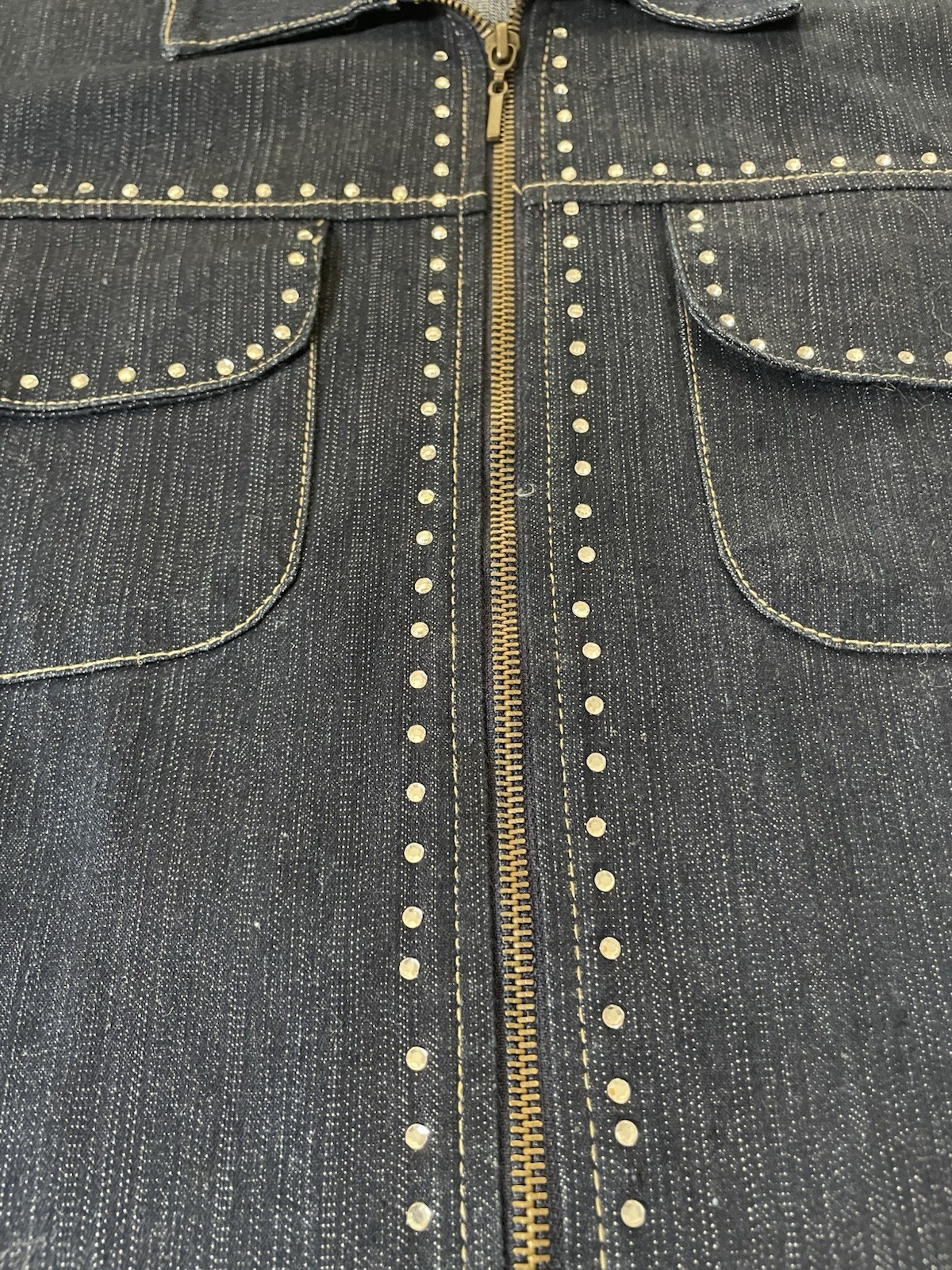 Vtg 80s Beaded Full Zip Jean Jacket Womens 16W Blue Chambray Rhinestones Classic