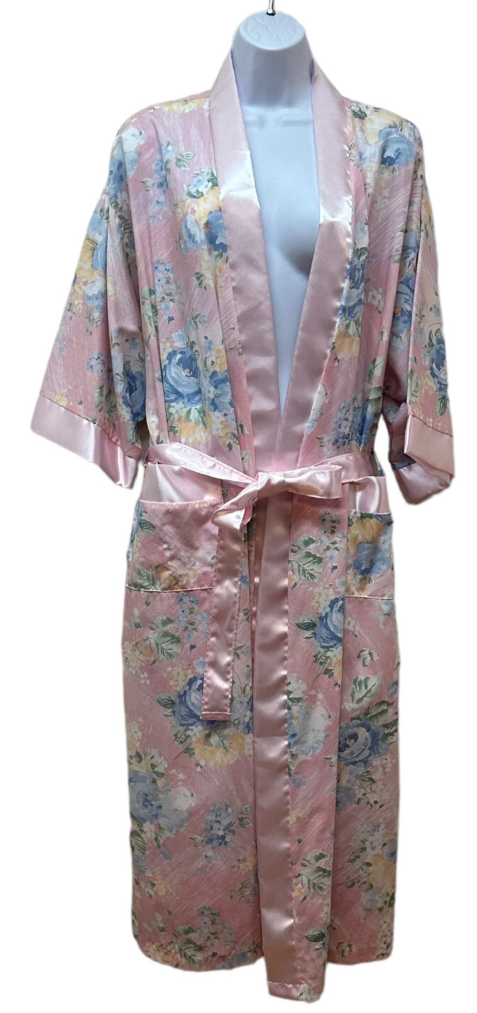 Vintage Retro Art Deco Silky Satin Pretty Pink Romantic Floral Robe Size L