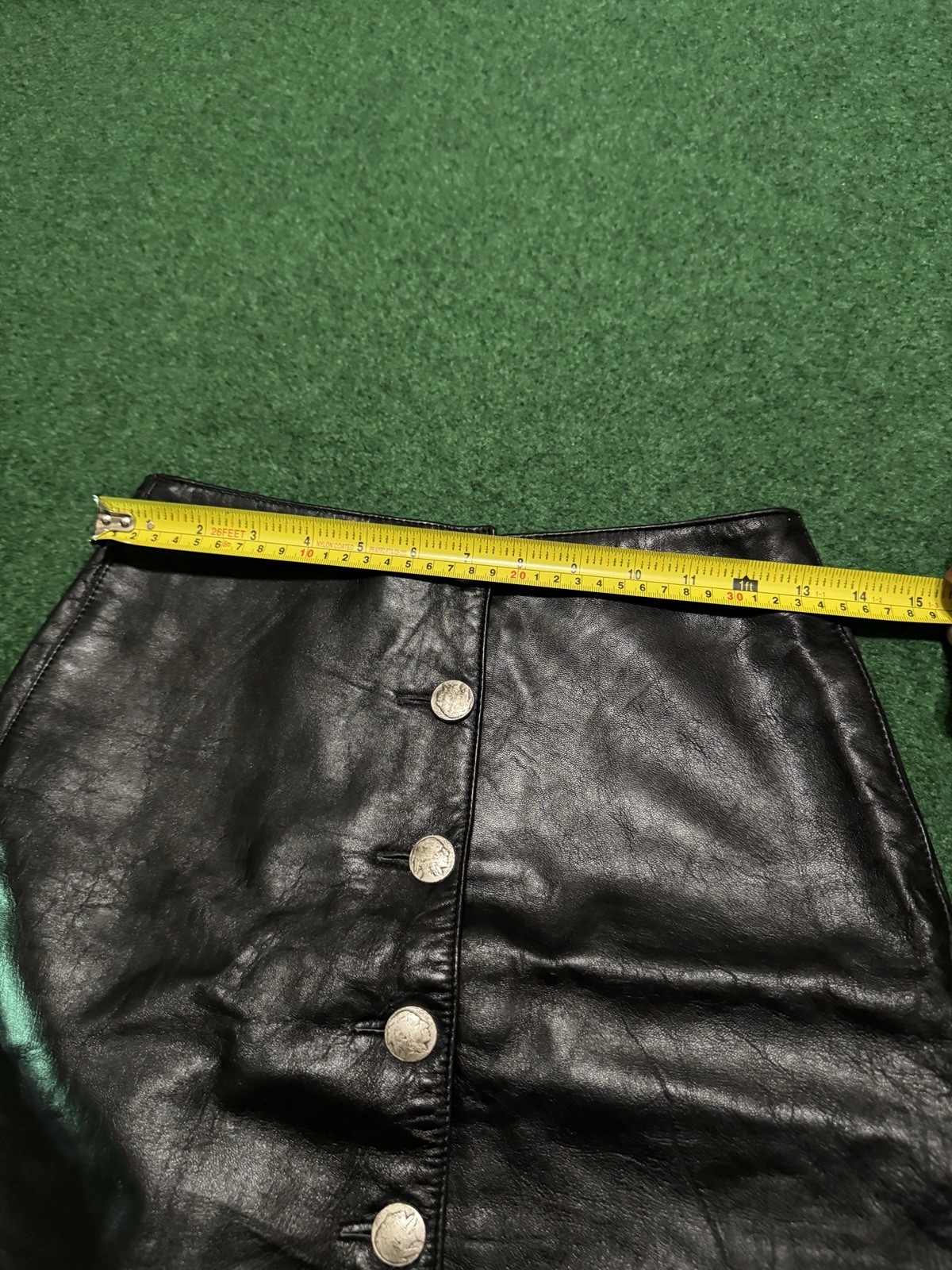 Vintage Black Leather Skirt Medium 26” Waist 90s Metal Buttons Grunge Biker