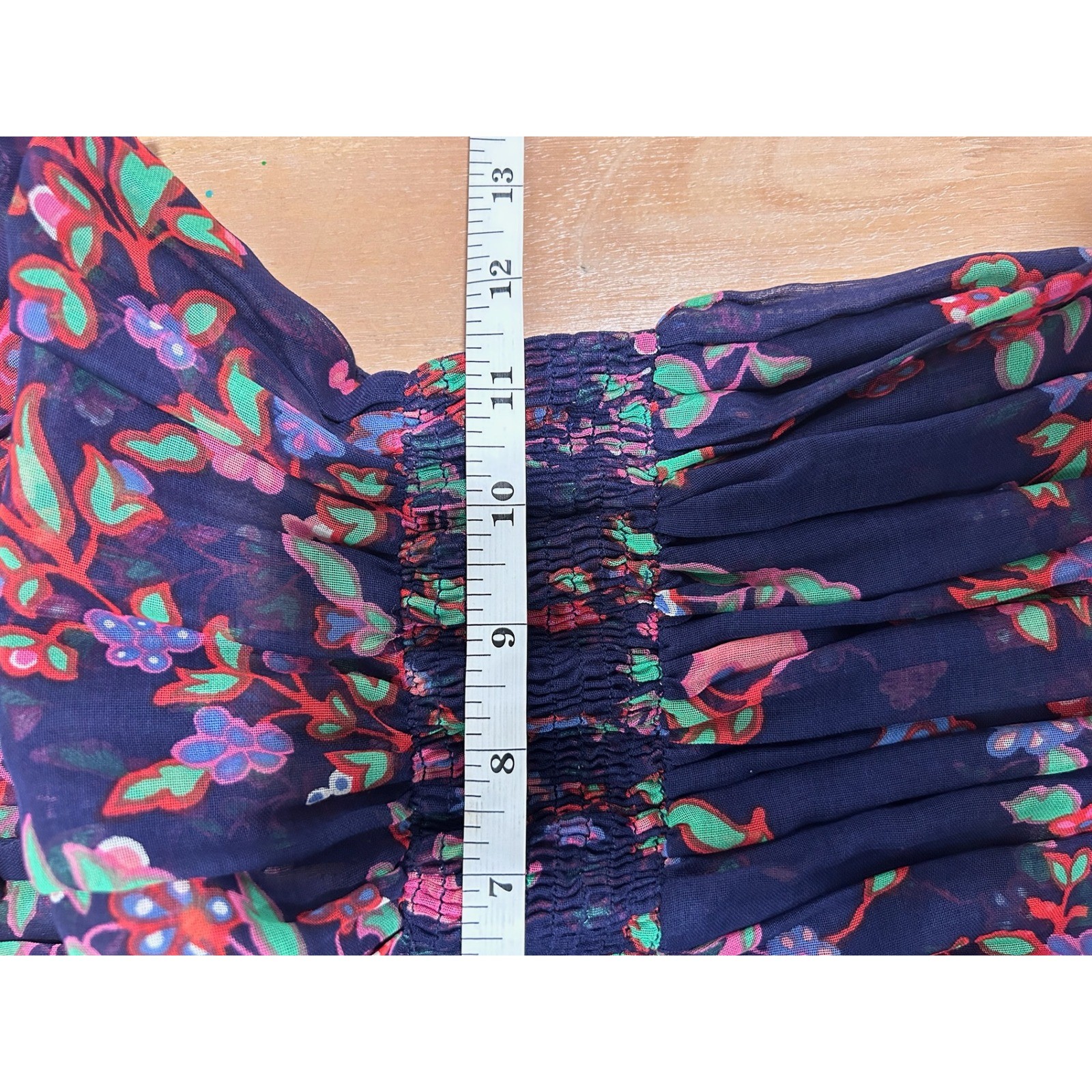 VintageTed Lapidus Paris Floral Dress Sz 42 Navy Blue Boho Ruched Feminine Fairy