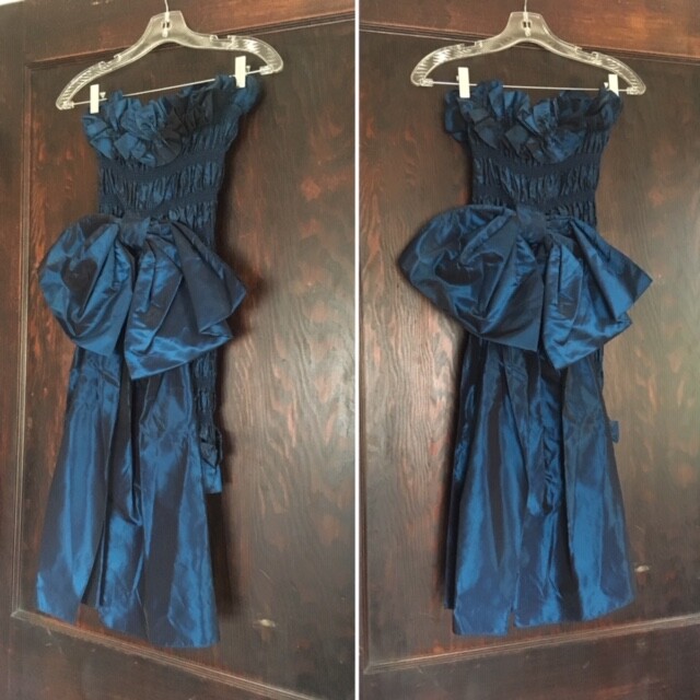 True Vintage 1980s L A Glo Shimmery Midnight Blue Stretch Tube Dress w/Big Bow