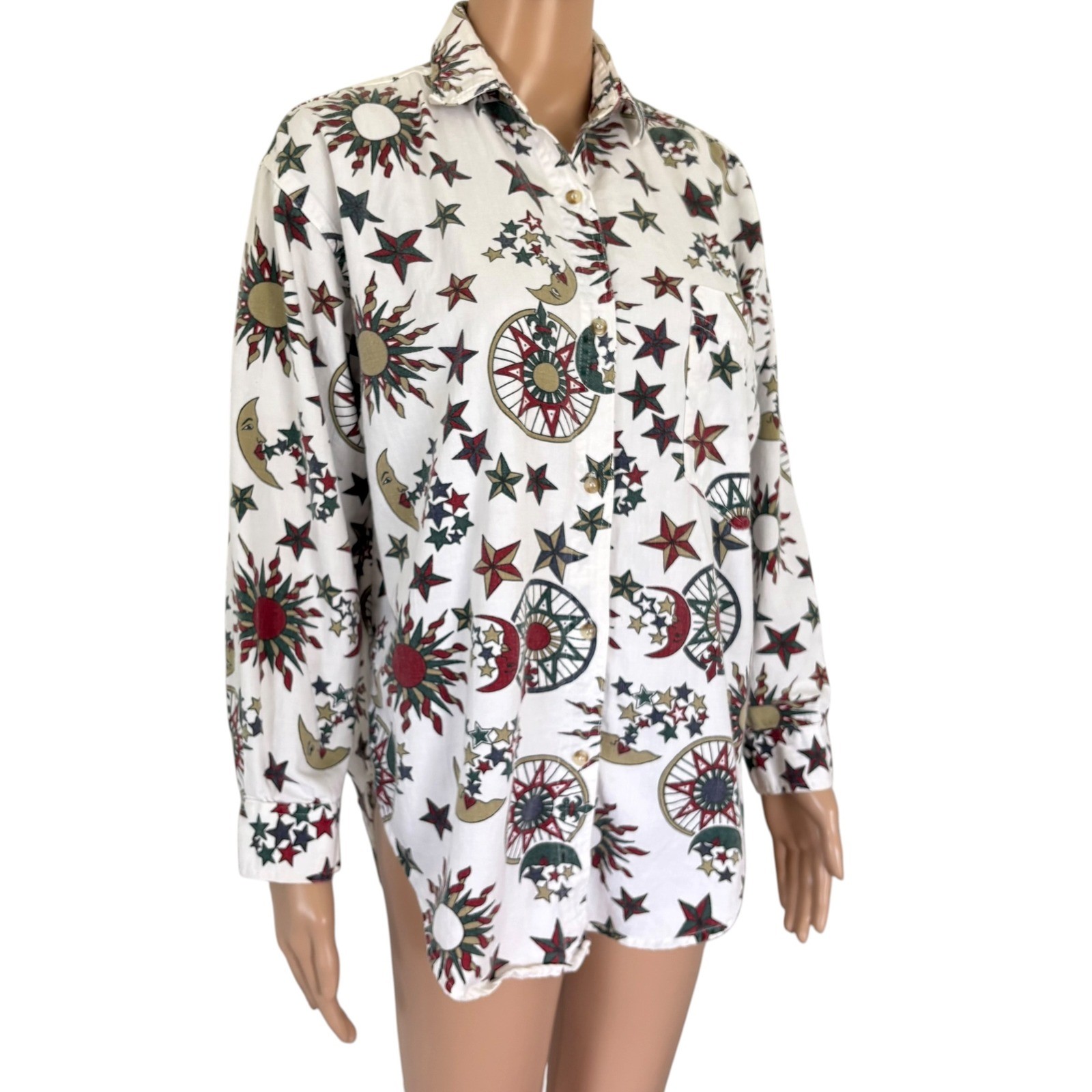 Quizz NY Vintage Celestial Sun Moon Star Print Cotton Denim Button Down Shirt S