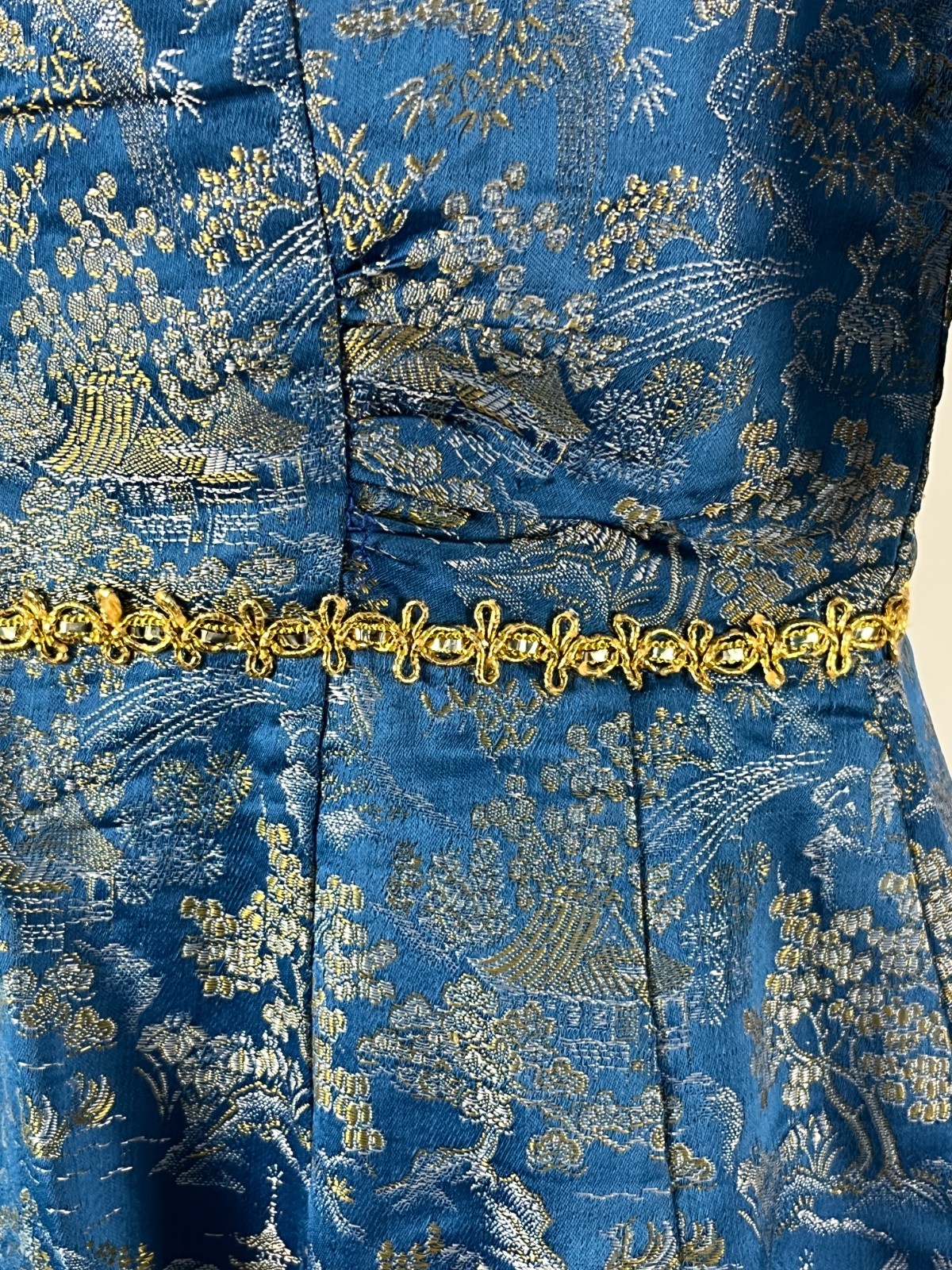 Vintage 50s Gold Jacquard Brocade Dress Womens S Blue Cocktail Talon Zip