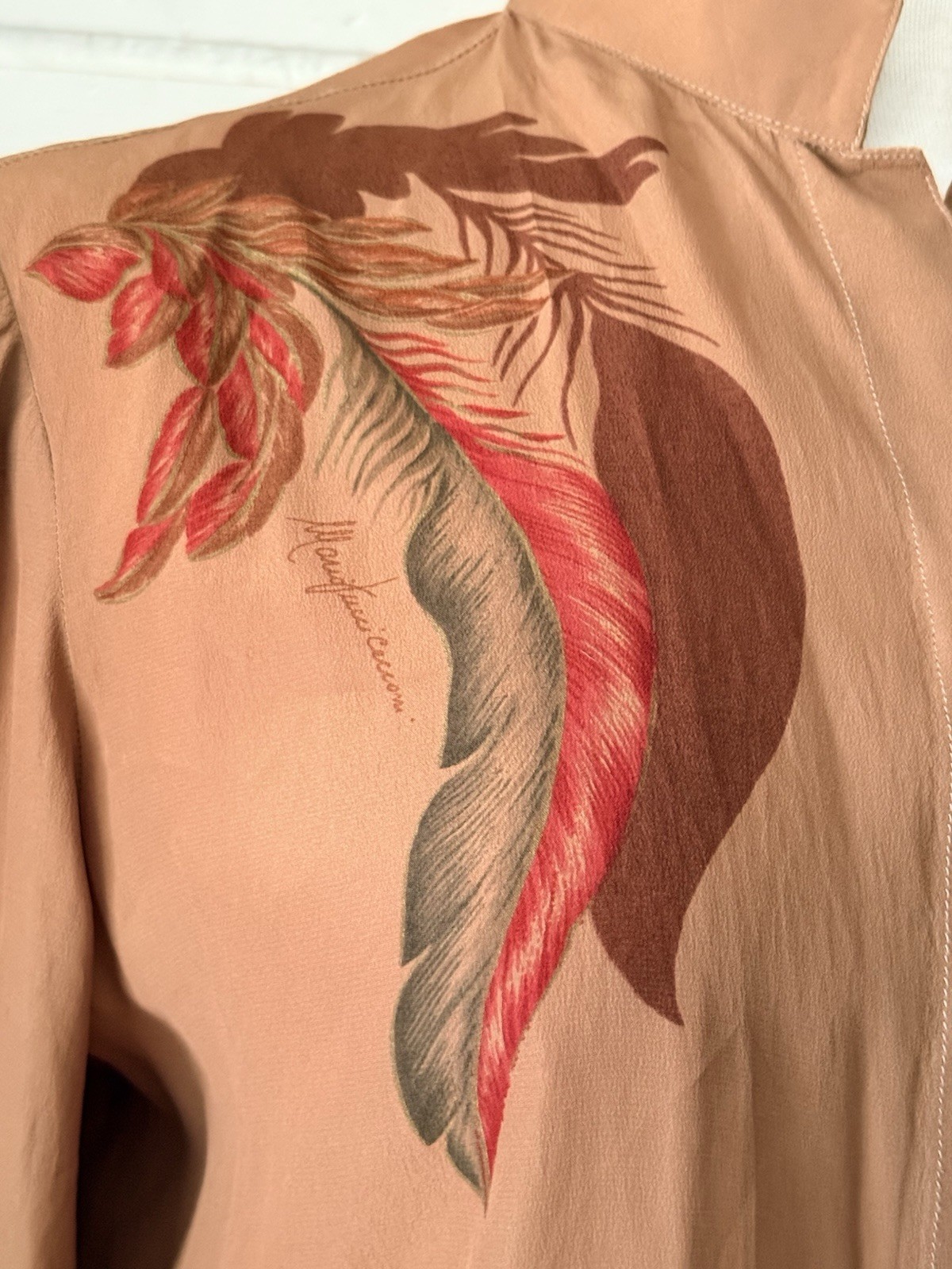 Vtg Mario Pucci Cecconi Italy Blouse Feathers Long Sleeve Brown Button Top Shirt