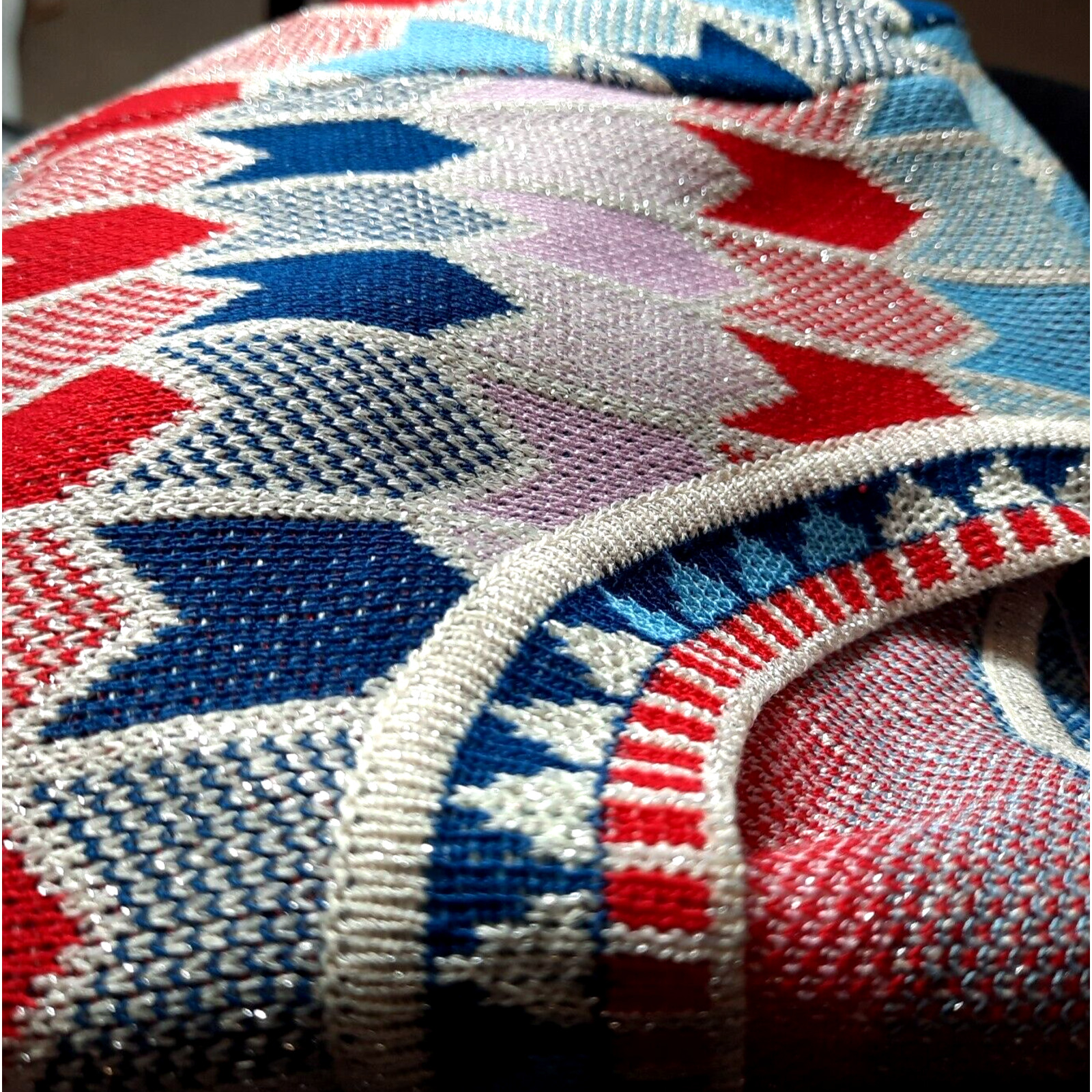 Vintage 60s MOD Geometric Silver Metallic Knit Dress Medium Red Pink Blue Retro