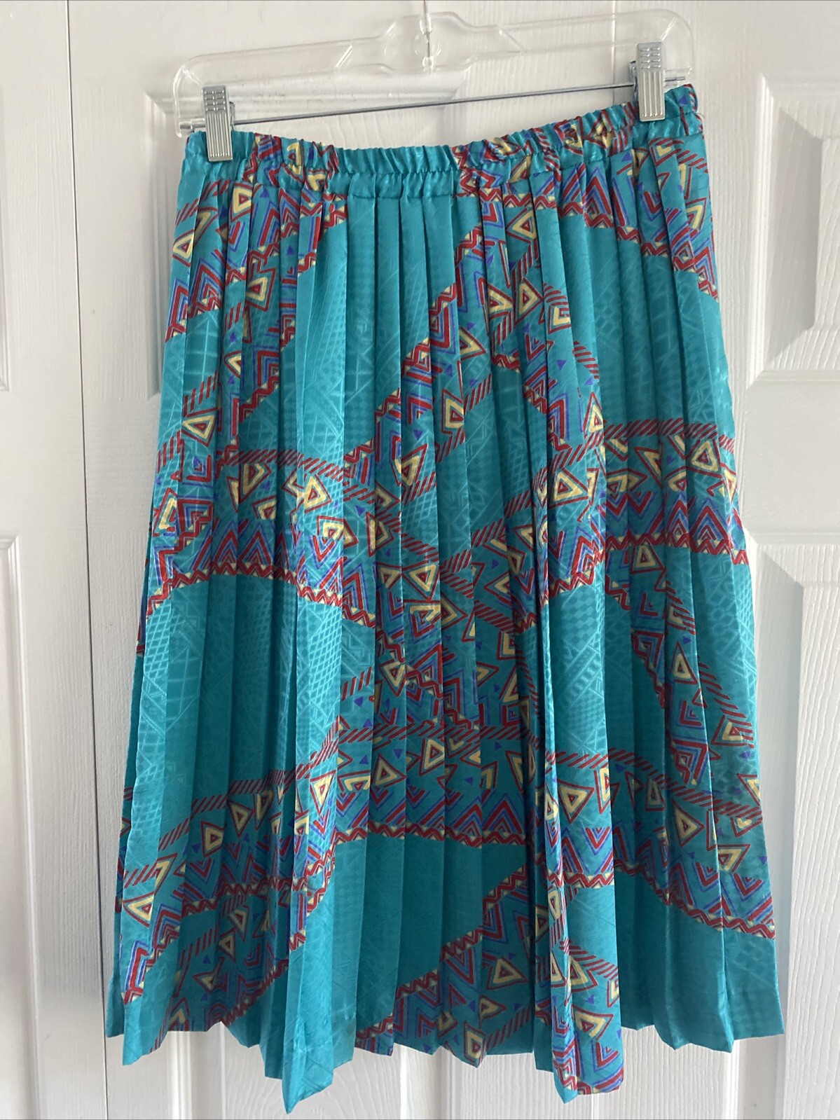 Andrea Gayle Vintage Pleated Midi Skirt Womens Size M Teal Geometric Tribal Boho
