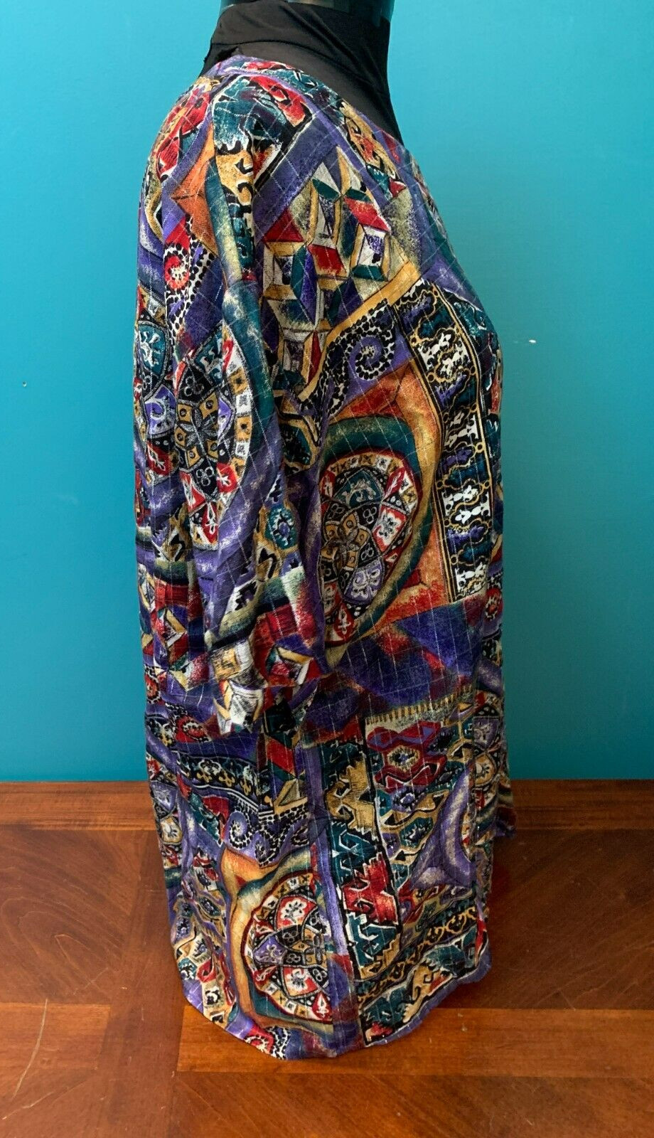 Vintage 90’s Multi Color Multi Pattern Rayon Top- 16, Purple Yellow Red Metallic