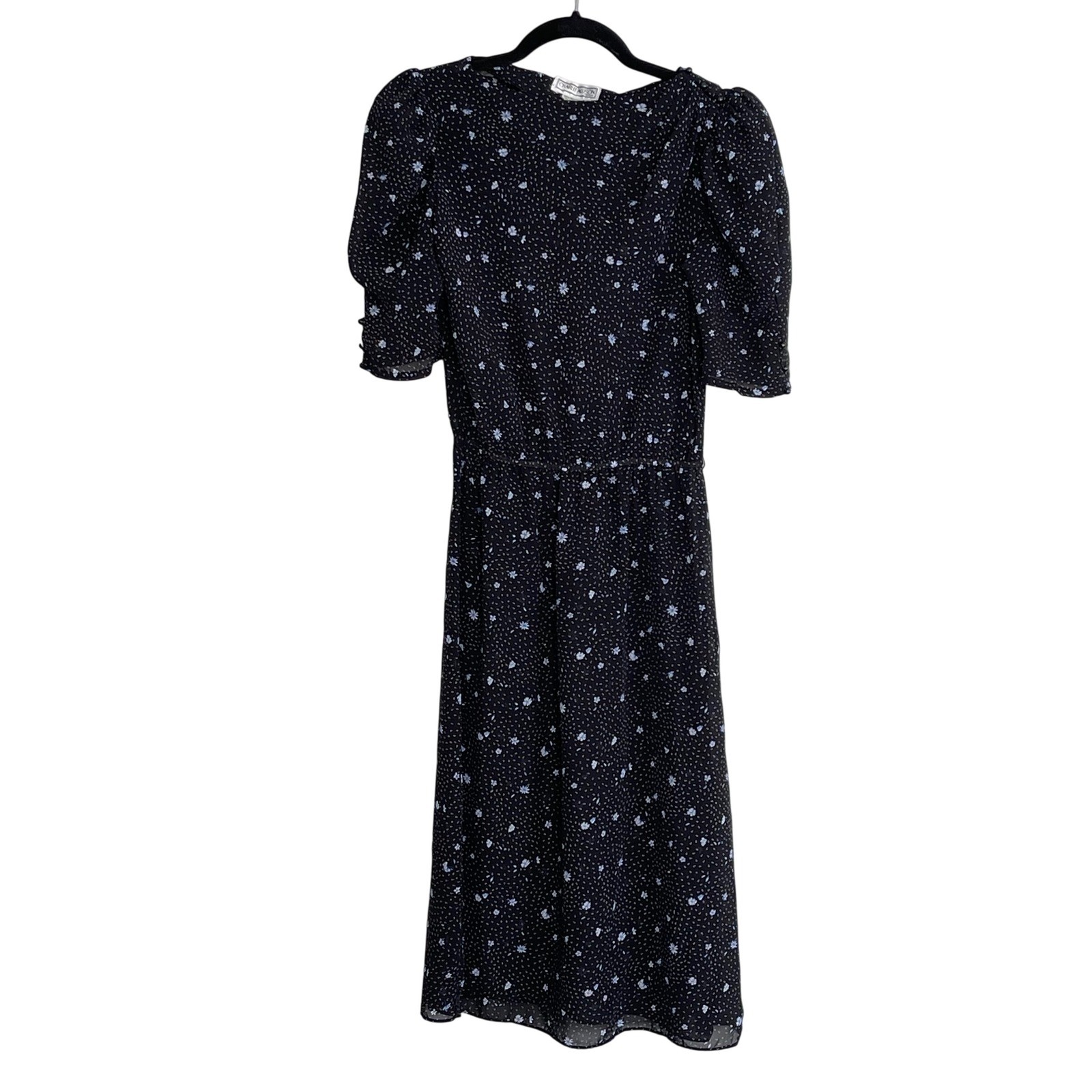 Vintage Garden Floral Polka Dot Puff Sleeve Midi Dress Black Sz 7/8 Cottagecore