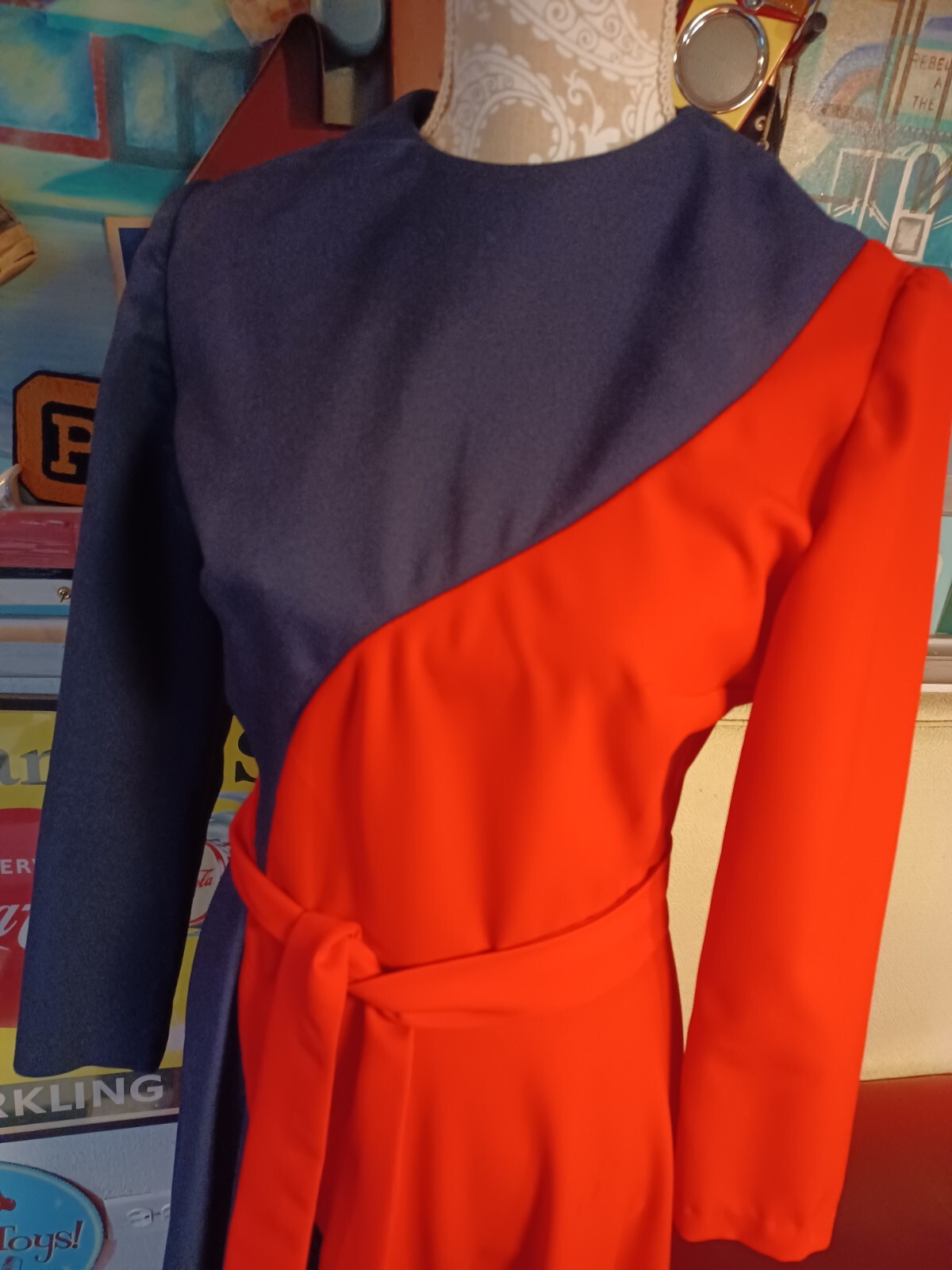 True Vtg Mid-century 1970s Polyester Asymmetrical Long Maxi Dress Mod MCM Groovy