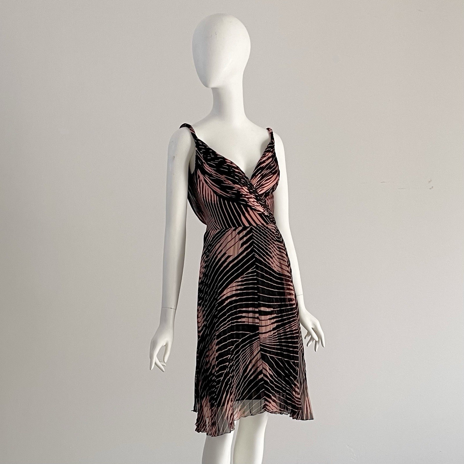 Vintage S/S 2000 Gianni Versace Pleated Black Orange Plunge V Dress Bodysuit XS