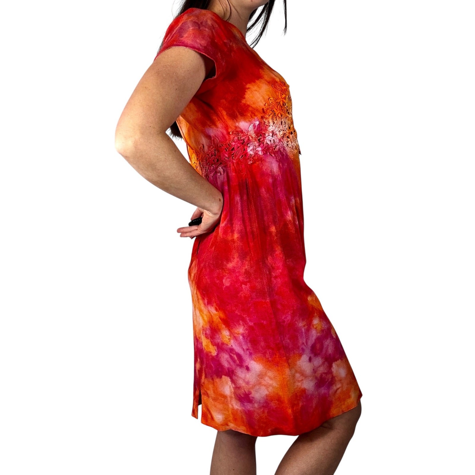 Vintage 1950s Ice Dyed Cotton Lace Wiggle Dress Sunset Pink Orange Sheath