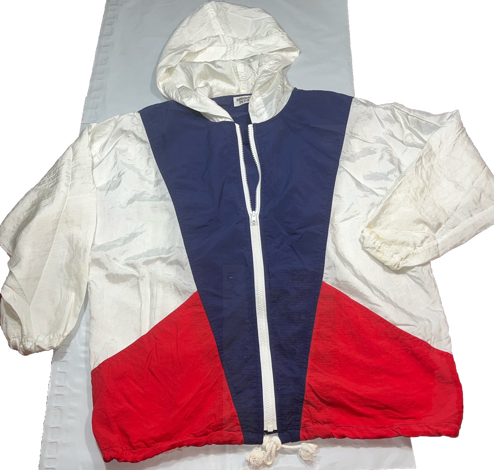 USA Windbreaker Sailing Nautical Red White Blue zip Up Cinch Tie Hem Med Vintage