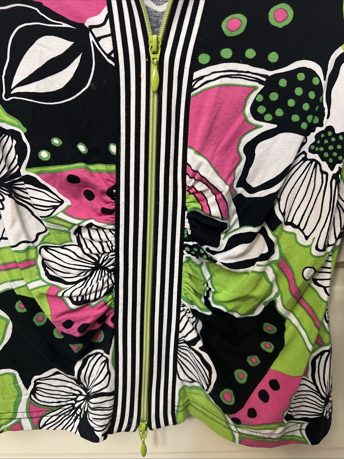 Vtg Y2K Joseph Ribkoff Artsy Quirky Statement BLK Stripe Floral slim Zip-up S 12