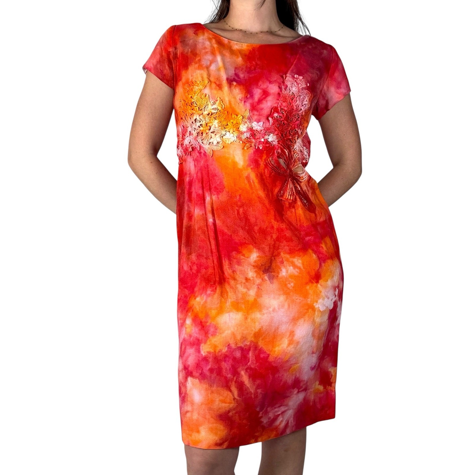 Vintage 1950s Ice Dyed Cotton Lace Wiggle Dress Sunset Pink Orange Sheath