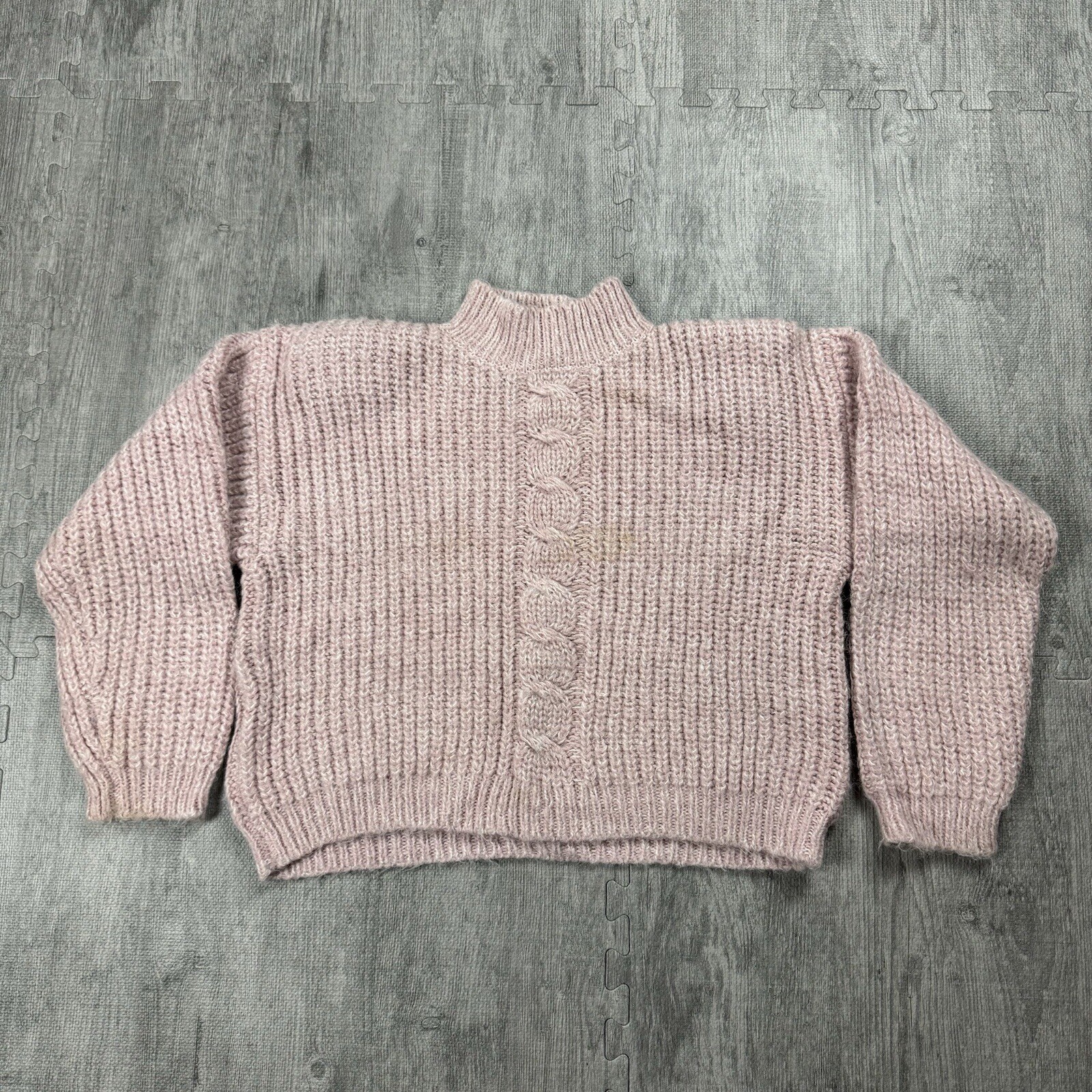 VTG 80S TARAZZIA FUZZY MAUVE PINK PASTEL CROP SWEATER PULLOVER MOCK NECK WMNS L