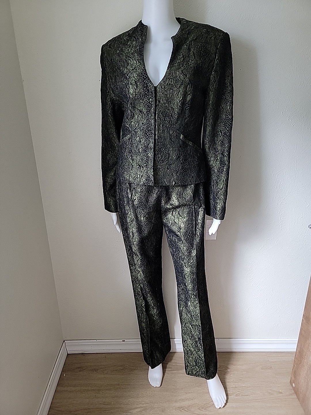 Vintage Alberto Makali Pantsuit Size 6 Green Crinkle Leopard Sparkle New$329
