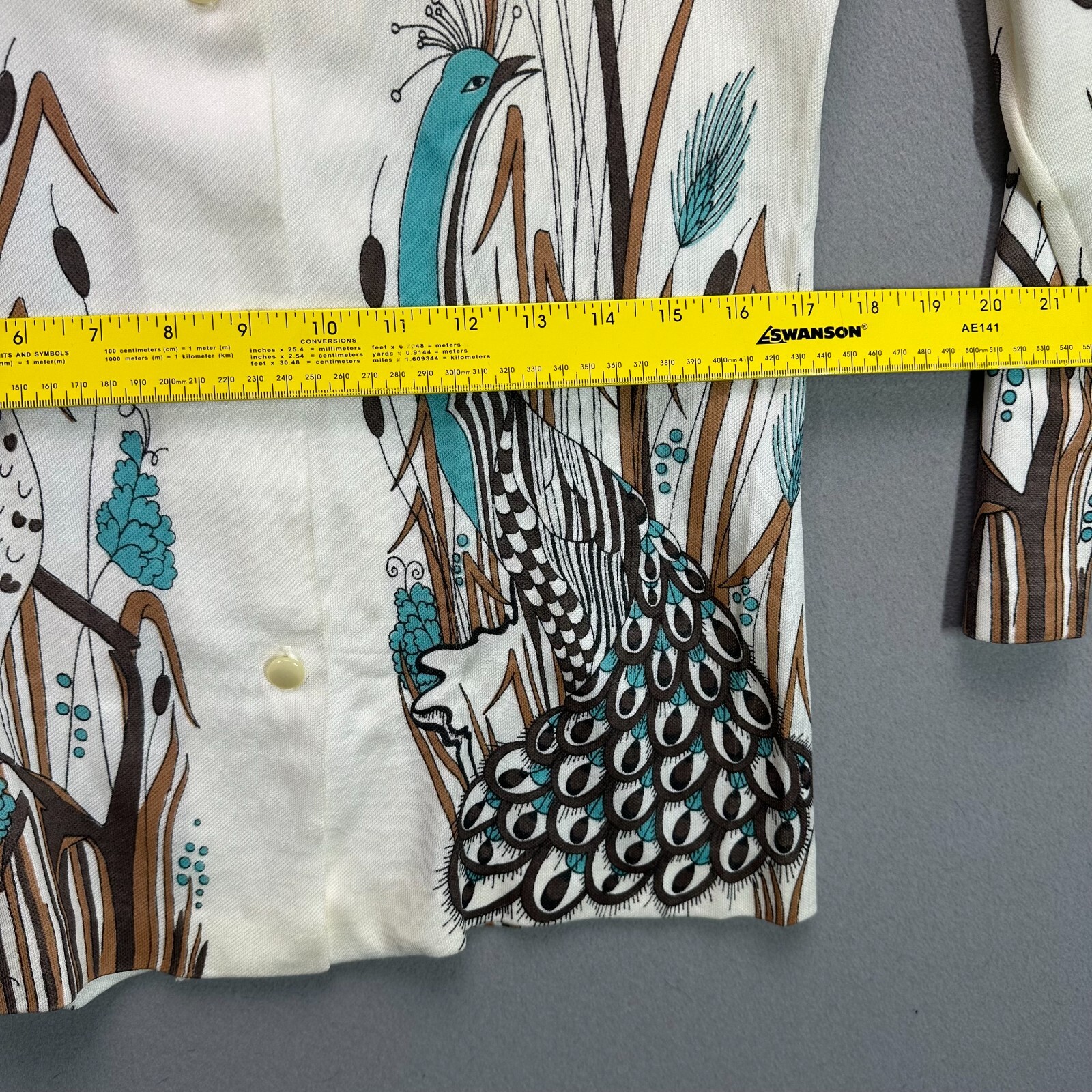 Vintage 70s Disco Shirt Womens M Polyester Peacock Feathers Teal Fall Holiday