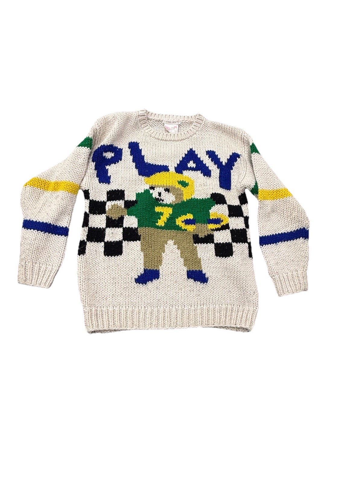 Women’s Vintage ONE STEP UP Bear Football Sports Theme Hand Knit Colorful Med