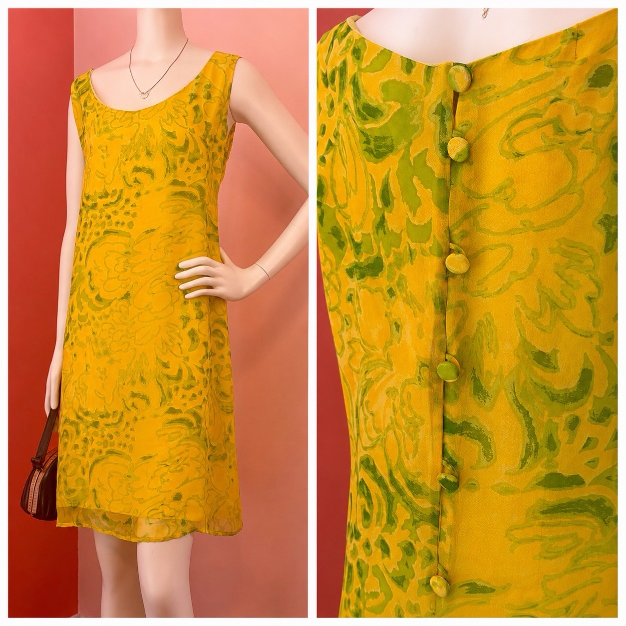 VTG 60s Mod Shift Dress abstract Yellow Green Floral Print chiffon A-Line S/M