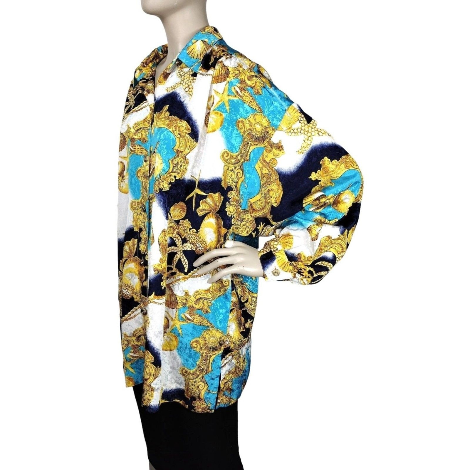 Vintage 80s Baroque Nautical Brocade Shells Chains Scarf Print Statement Blouse
