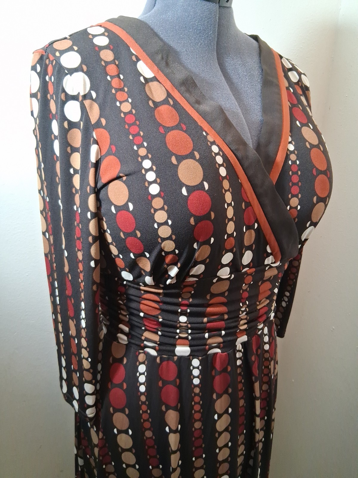 Studio I Brown Dot Print Wrap Dress 3/4 Sleeve Size 16 Reto Y2K 70’s Inspired