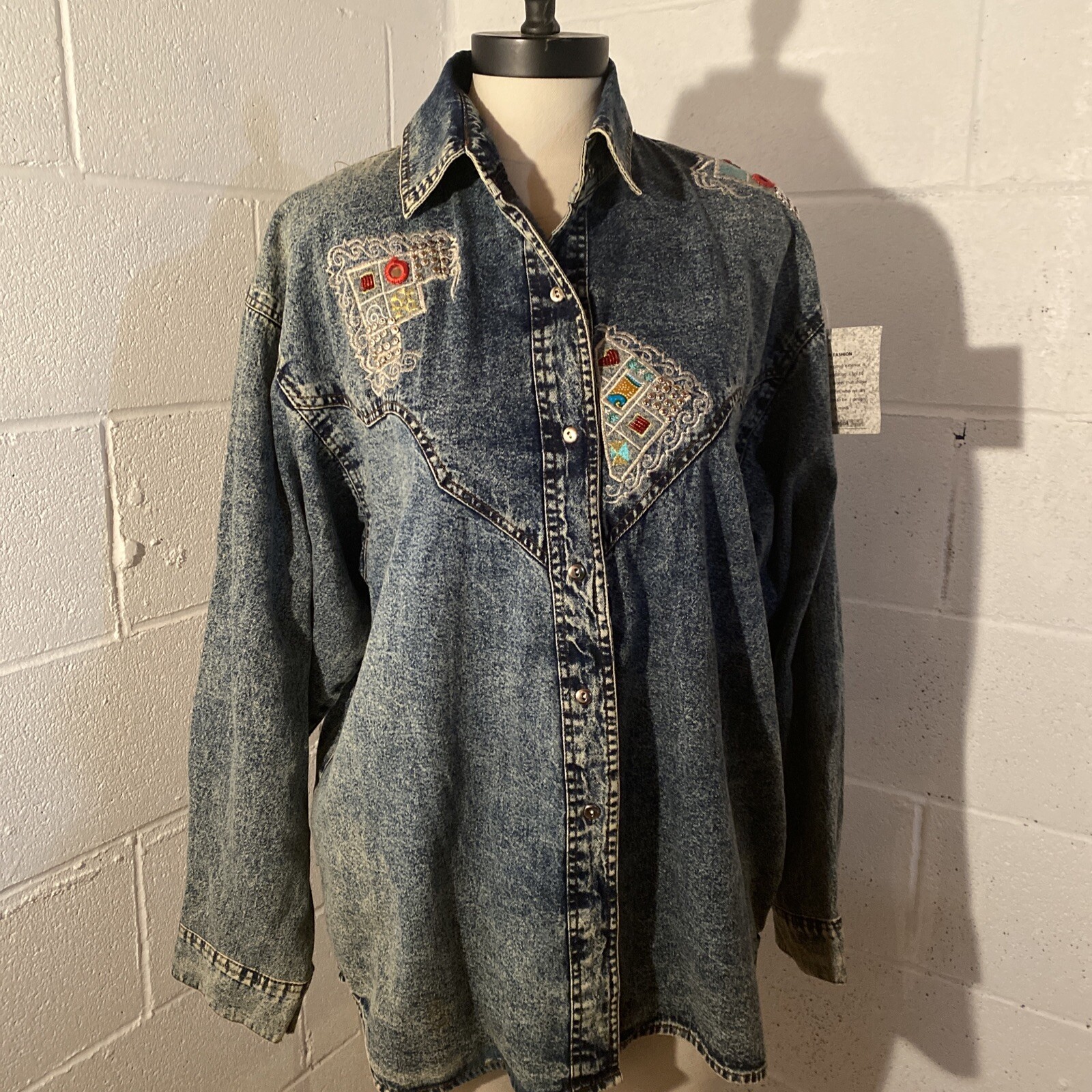 80s Vintage Embroidered Embellished Buttons Med Western Denim Shirt Jacket NWT