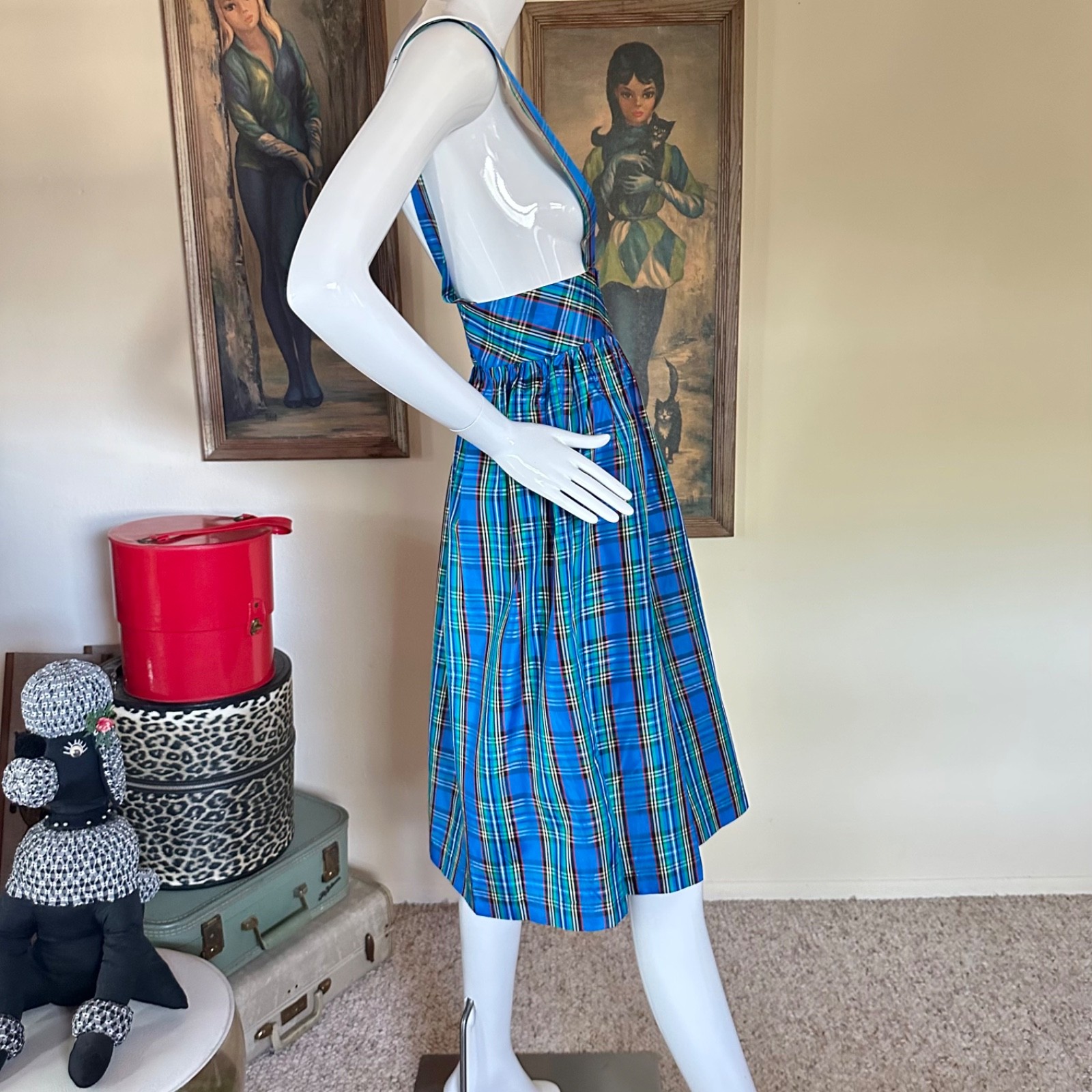 Vintage 1980s Preppy Punk School Uniform Plaid Suspender Jumper Skirt Dress S