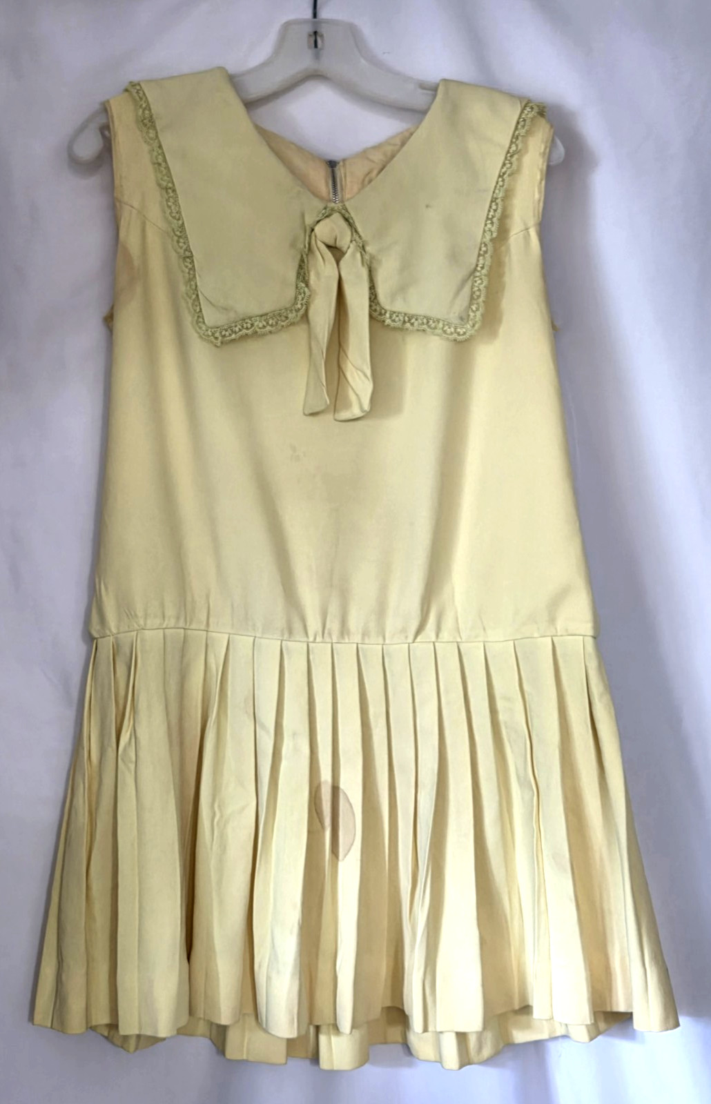 Vtg 60s Polyester Dress w/ Vest Yellow Drop Waist Pleated Sailor Collar Bow READ