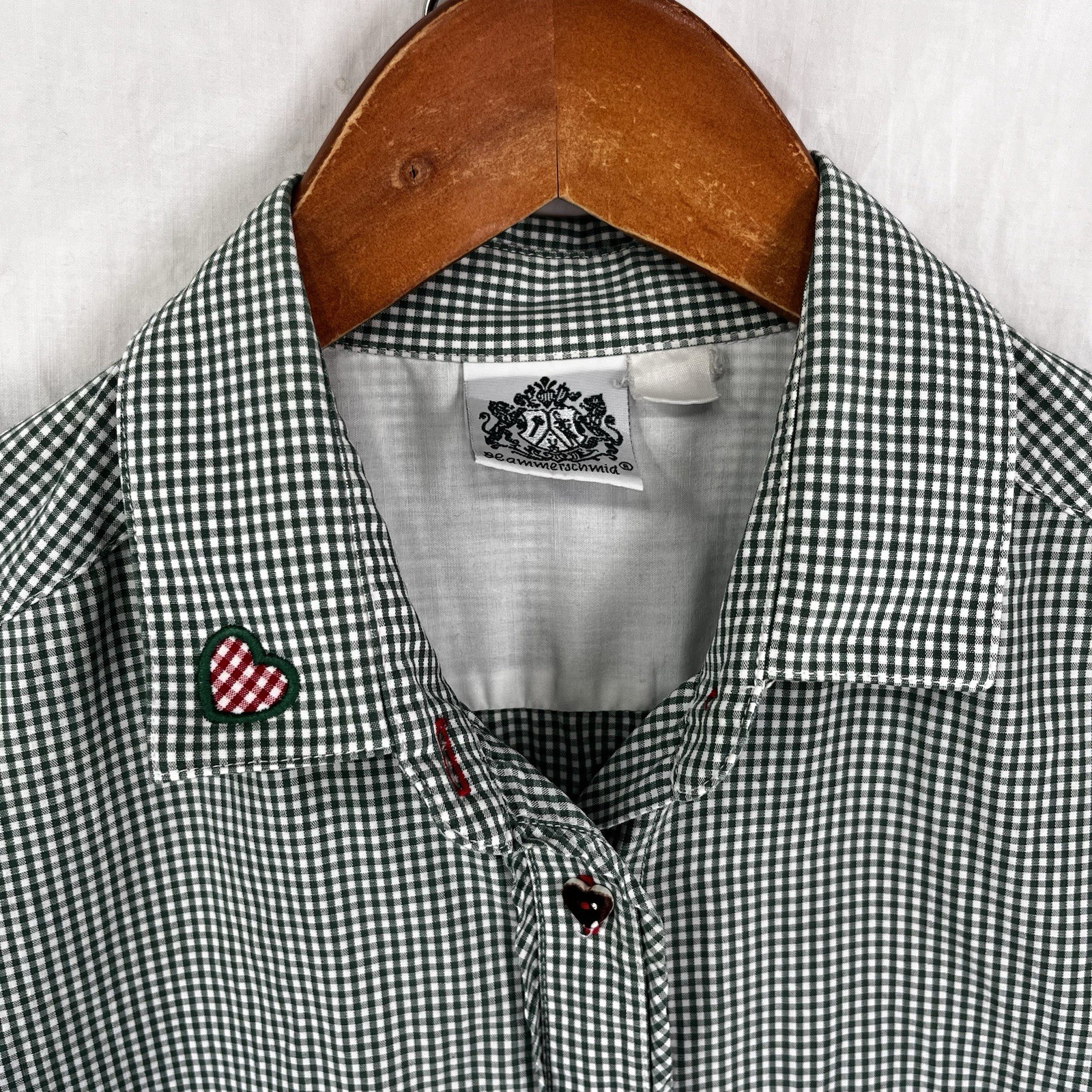 Hammerschmid Vintage Gingham Shirt Women Medium German Cotton Blouse Hearts Cute