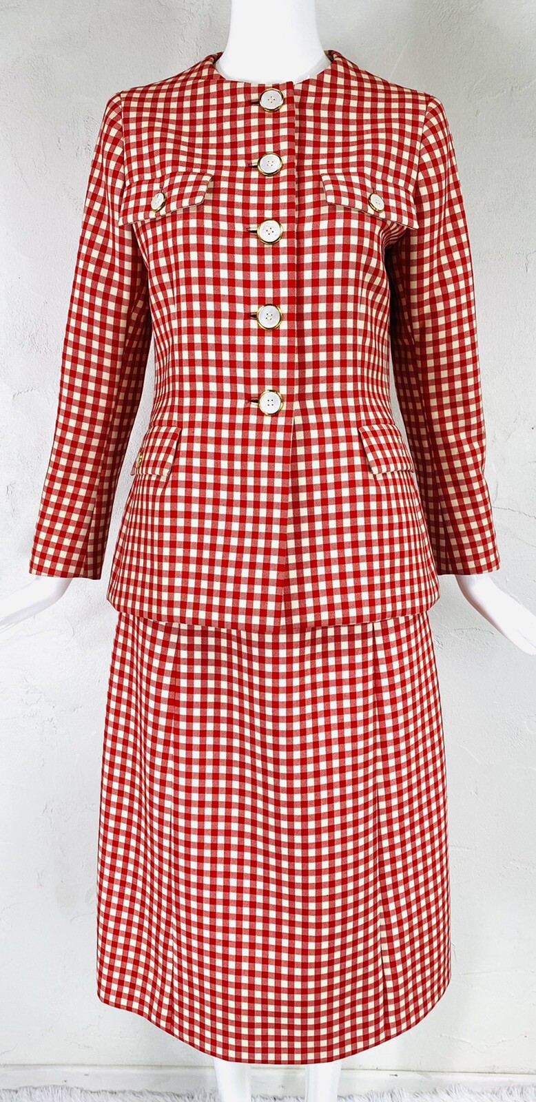 Met Museum Archive 1972 NORMAN NORELL Red Cream Gingham Skirt Jacket Suit M