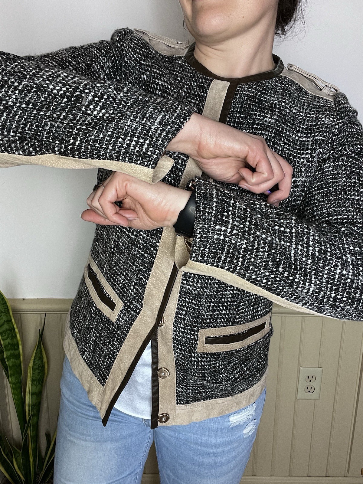 Bradley Bayou Vintage Gray Tweed Tan Leather Varsity Jacket Women’s Size S