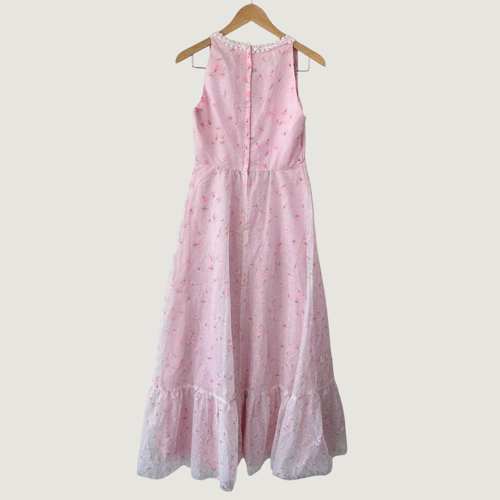 Vintage Lorrie Deb Maxi Dress 9/10 Pink Floral Lace Cottagecore Prairie 70s Boho