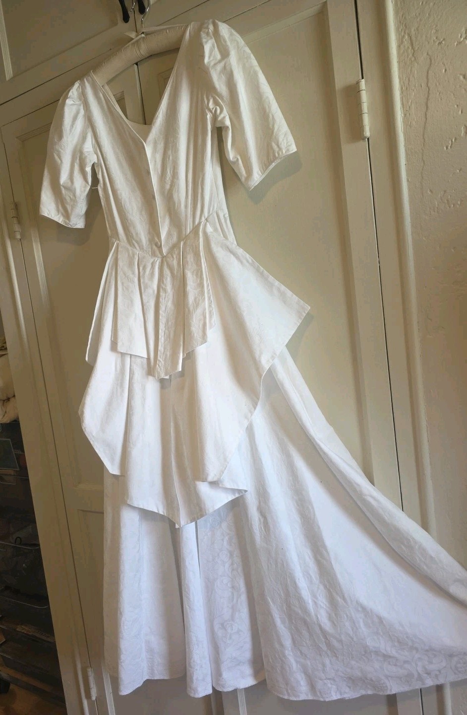 (8) RARE Laura Ashley U.K. Vintage 1989 White Cotton Damask Wedding Peplum Gown