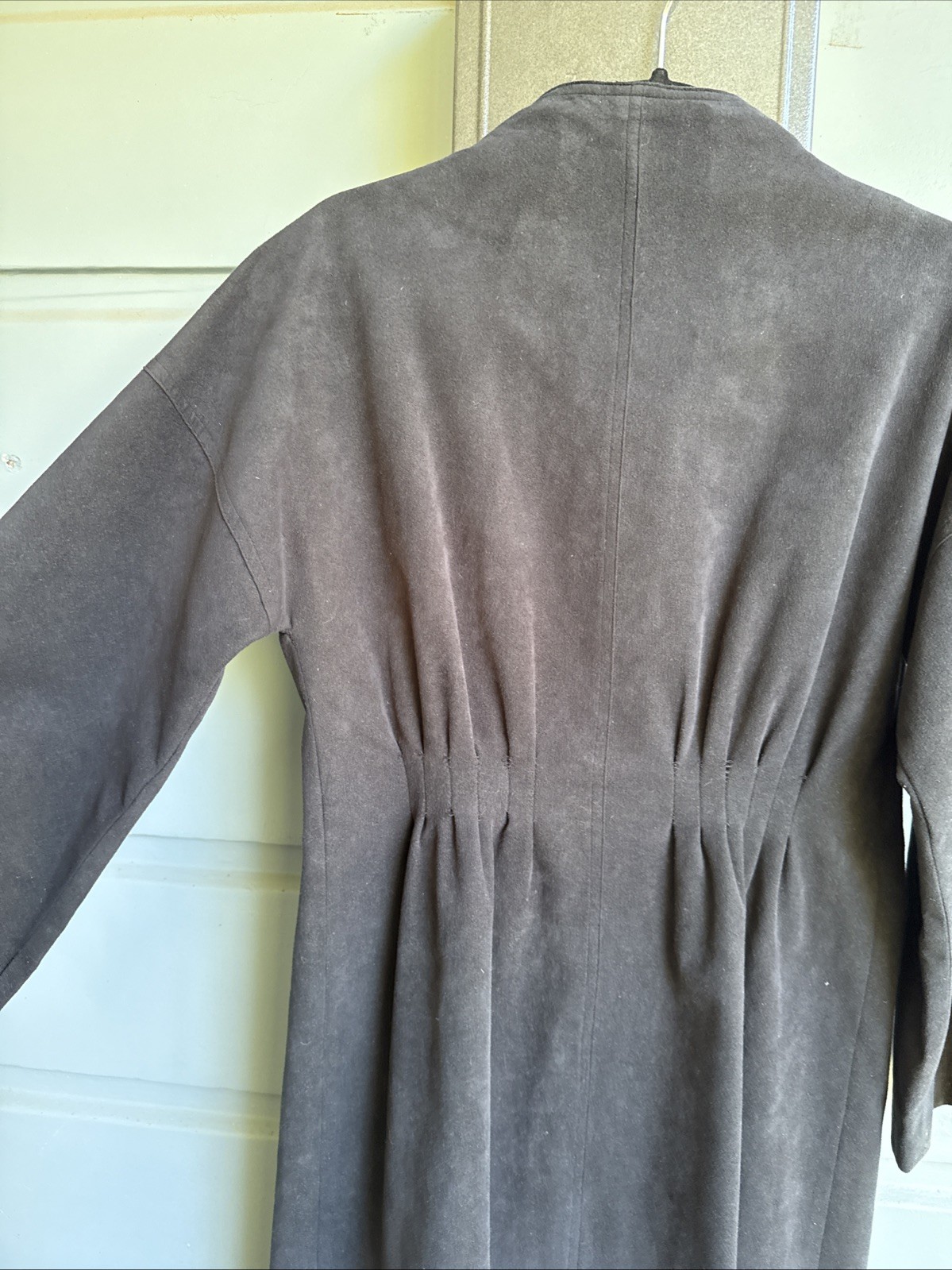 Vtg Pauline Trigere Black Faux Suede Midi Coat, Silver Buttons- Size 8