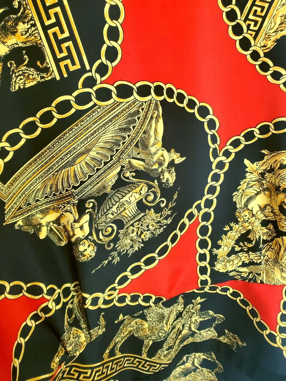 Vintage Baroque Chain Print Jacket Blouse Red Black Gold Button Front Size L XL
