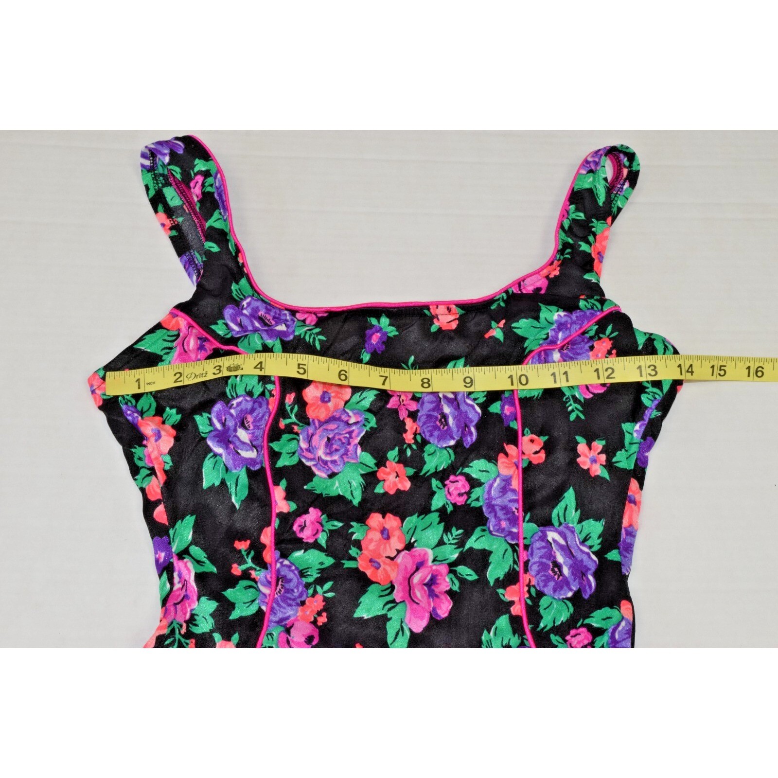 Vintage Swimsuit Size S/M 80s Glossy Black Pink Purple Flowers Full Skirt Bra