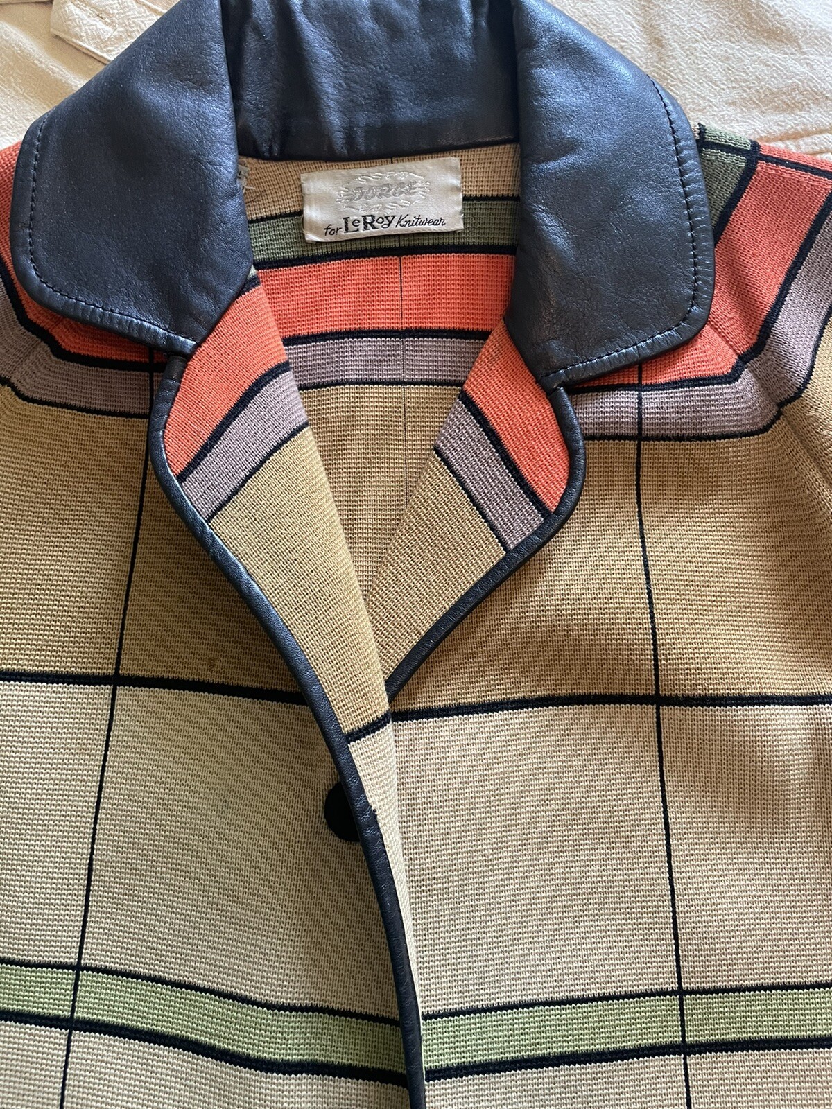 Vtg DORCE for LeRoy Knitwear Sweater Cardigan 100% Wool 70’s Striped Leather