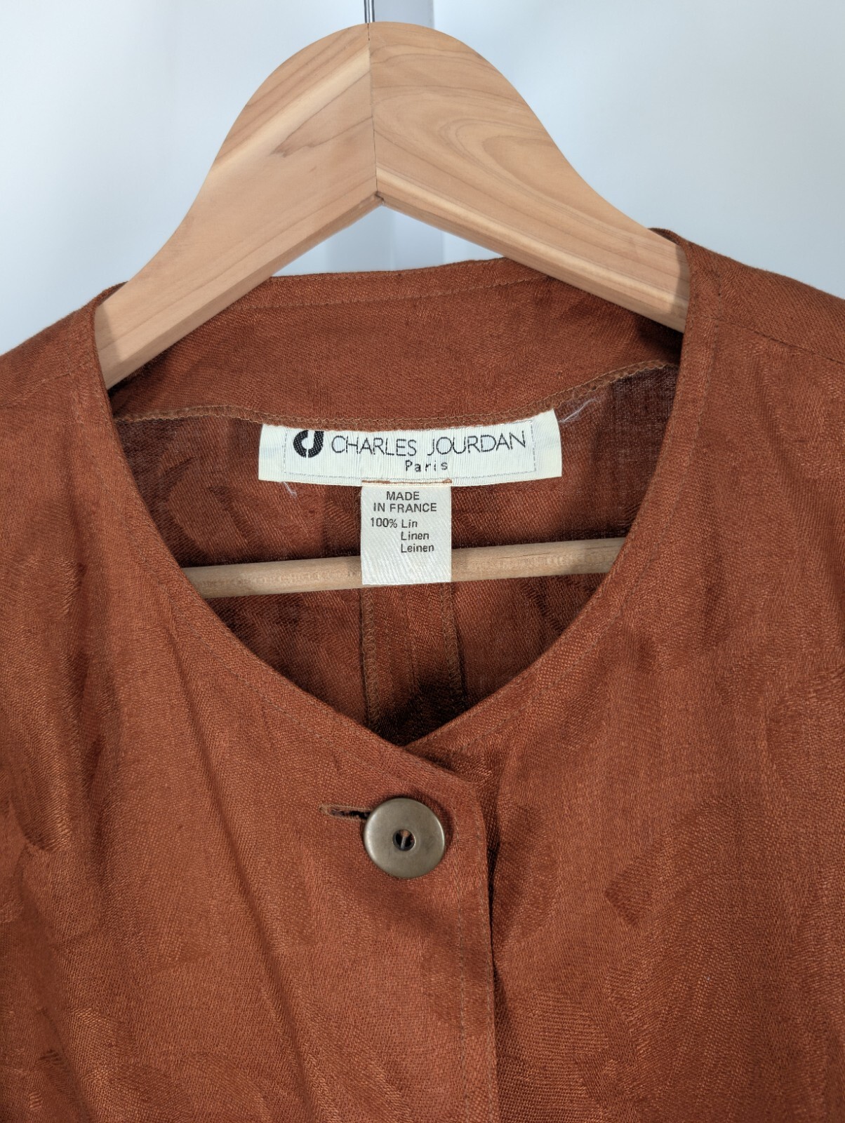Charles Jourdan Vintage 80s Edwardian Boho Jacquard Linen Fruit Brown Jacket