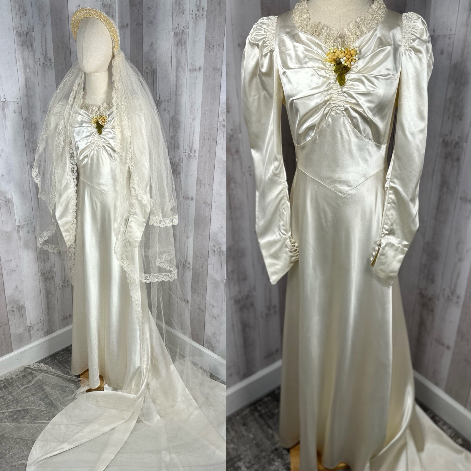 🌷1920s Art Deco Liquid Satin Wedding Gown / Bridal Dress Veil w/Wax Flowers