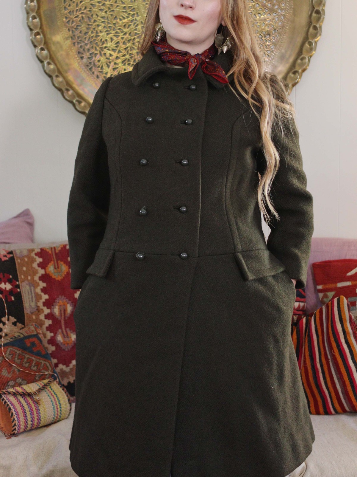 Vintage 1960s The Halle Bros Co deep olive green wool princess Peacoat 60s