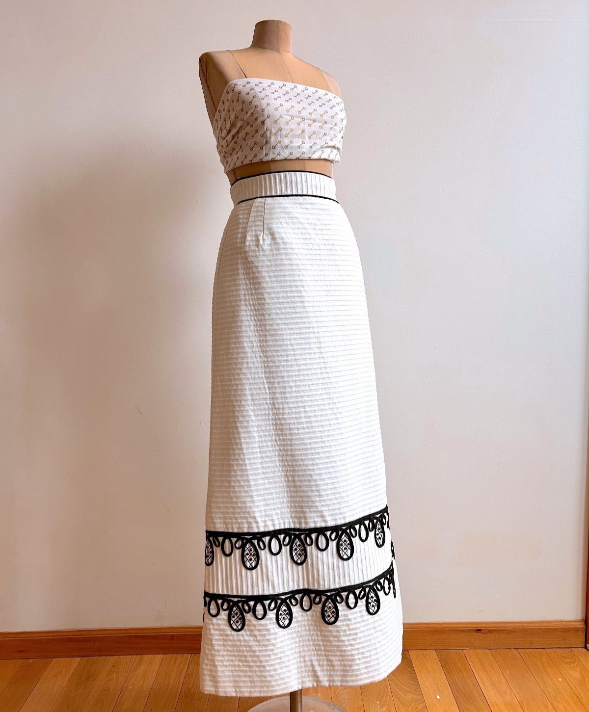 Vintage 1960s 70s Preppy Mod Hostess Maxi Skirt Palm Royale Black/ White sz S