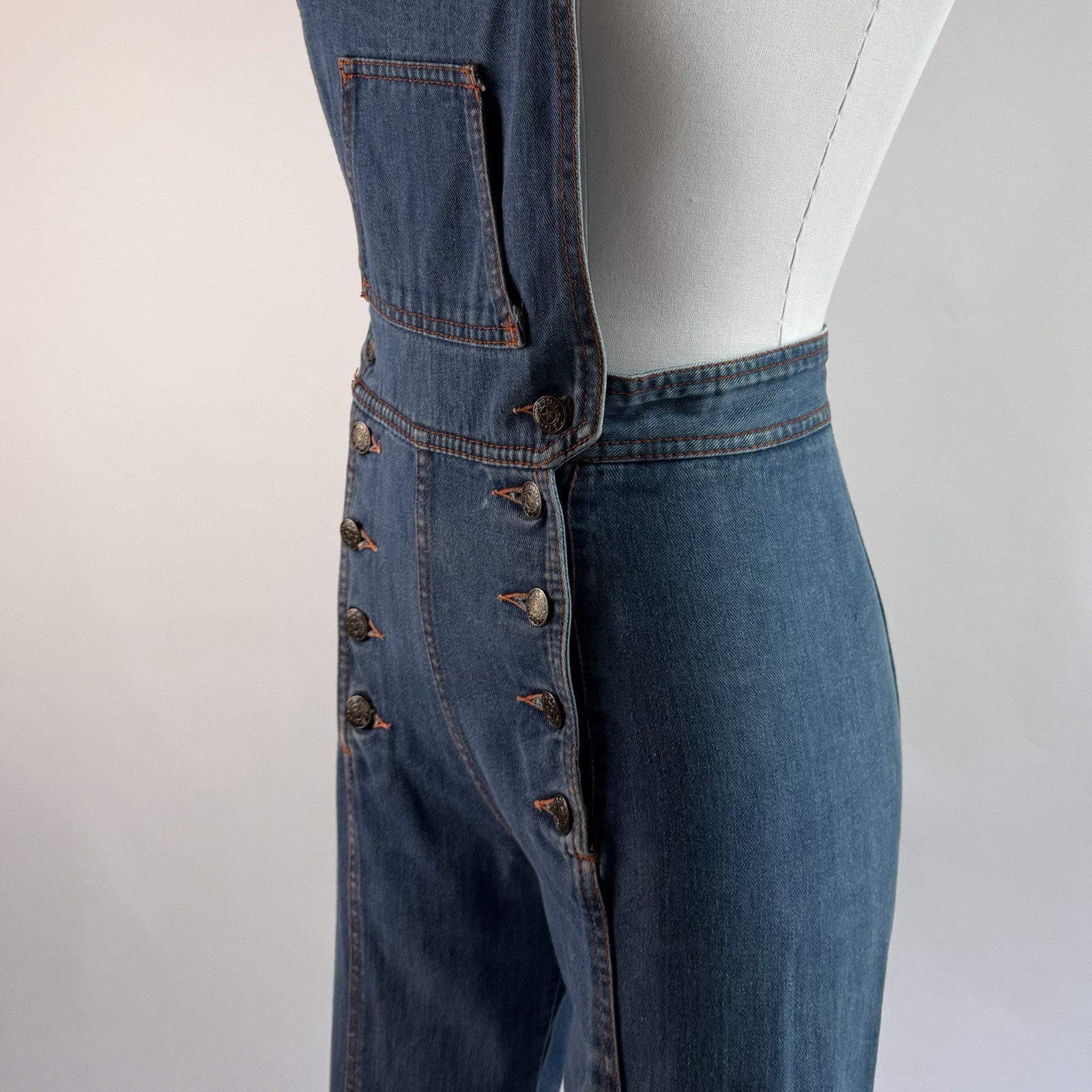 70s Faded Glory Flare Leg Double Button Overall Jumpsuit Size 7 /Small 26×29