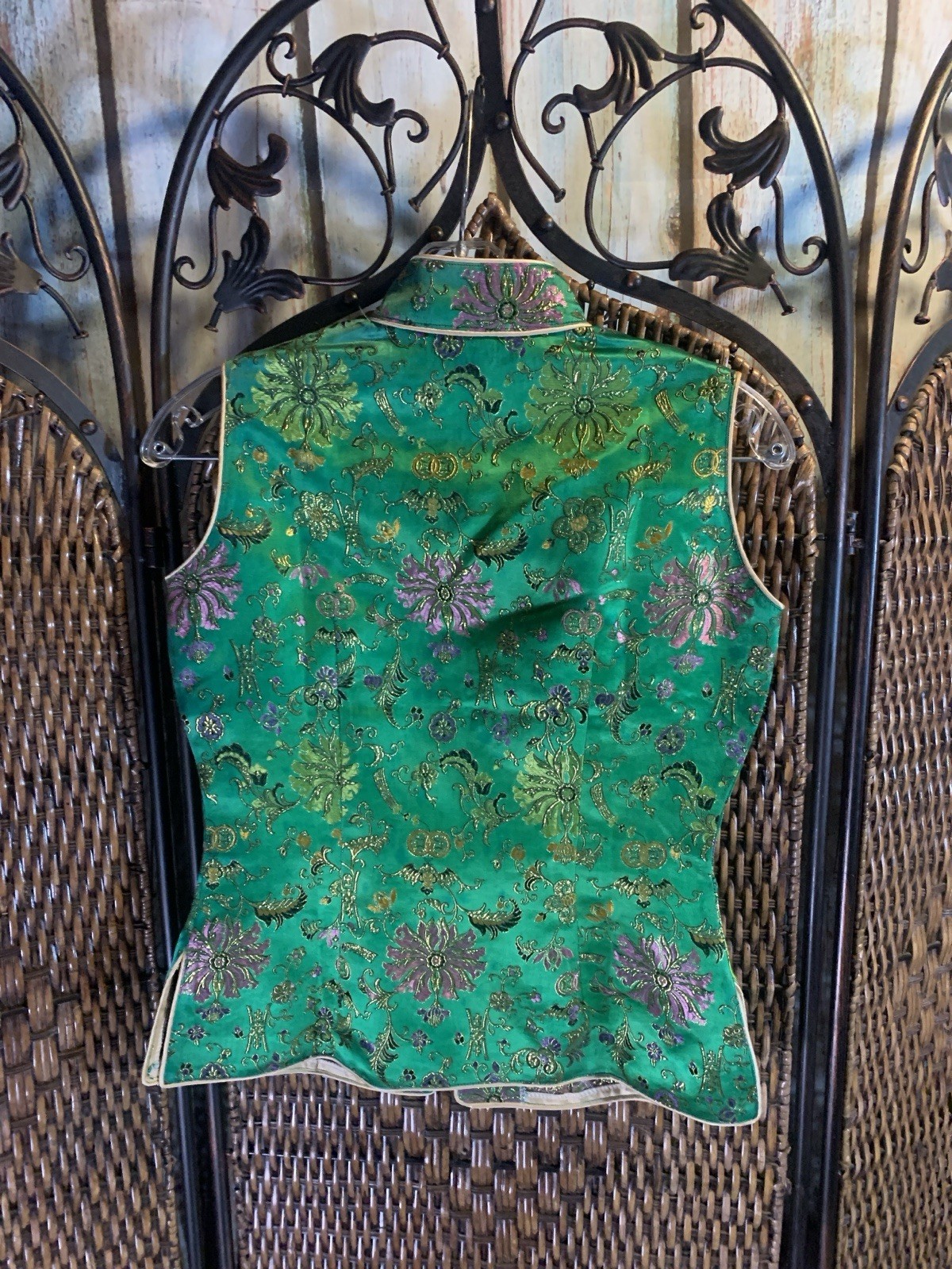 Vintage Green Silky Vest with Flower Frog Buttons