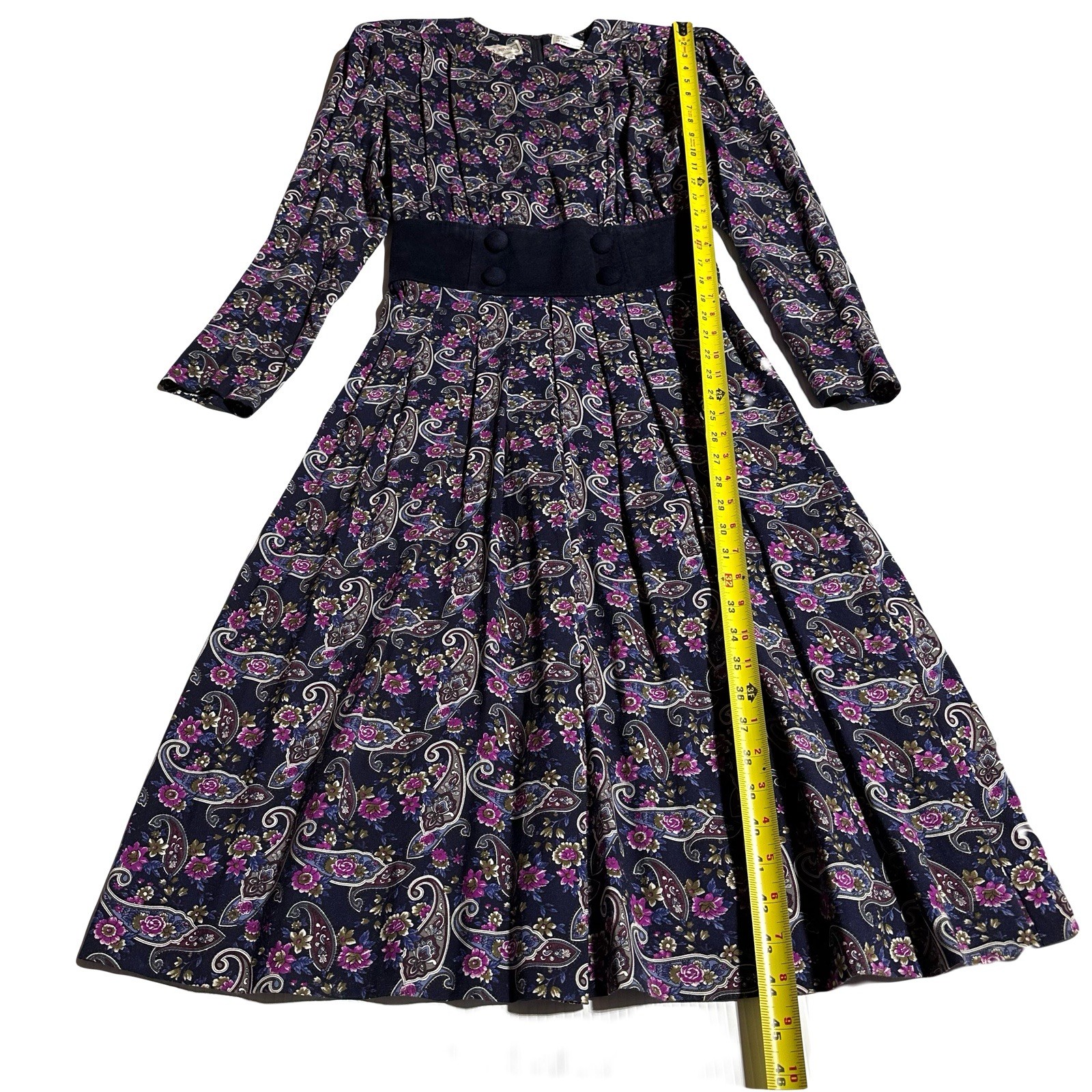 VTG 80s KARIN STEVENS Midi Dress Women’s Size 10 Paisley Print Pleated Modest