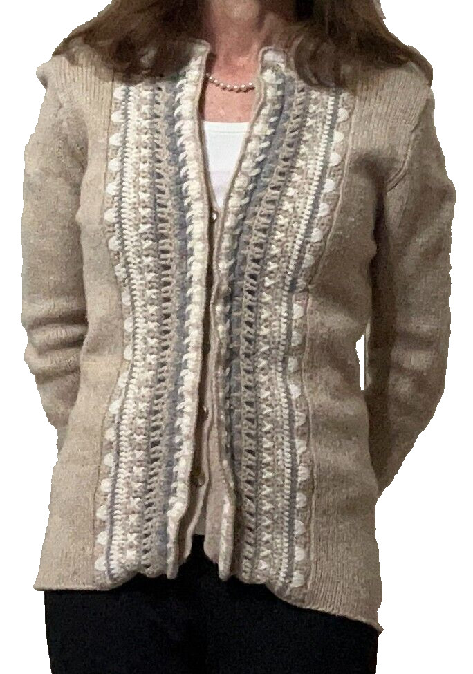 Vtg Talbots Cashmere Angora Wool Cardigan Sweater Embroidered Tan Gray Ivory, Sm