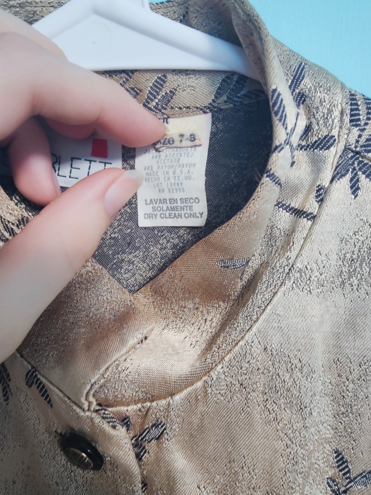 Vintage 1990s Silky Mandarin Collar Gold Blouse With Leaf Detail