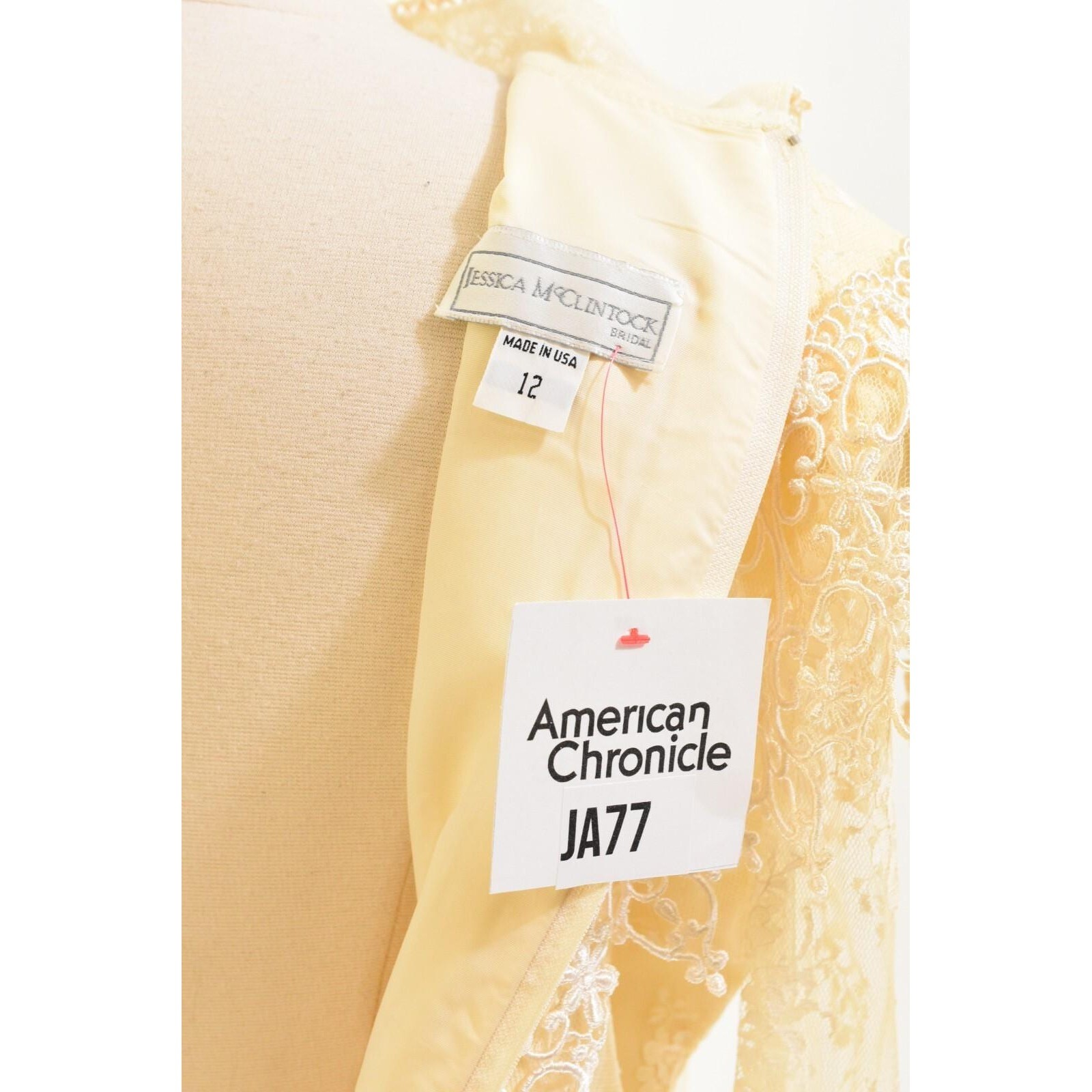 70s Vtg Jessica McClintock Ivory Lace Prairie Bridal Dress M Stand up Collar